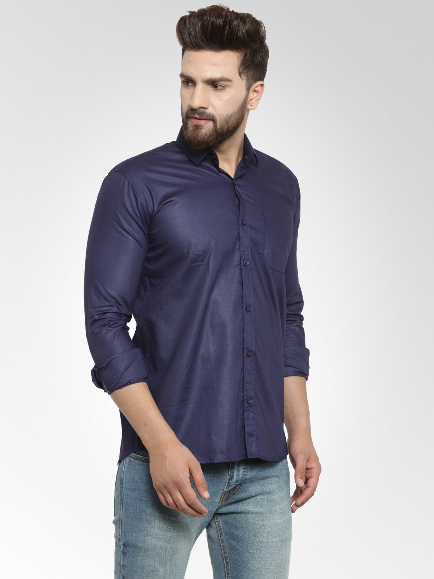 Jainish Navy Cotton Regular Fit Shirt