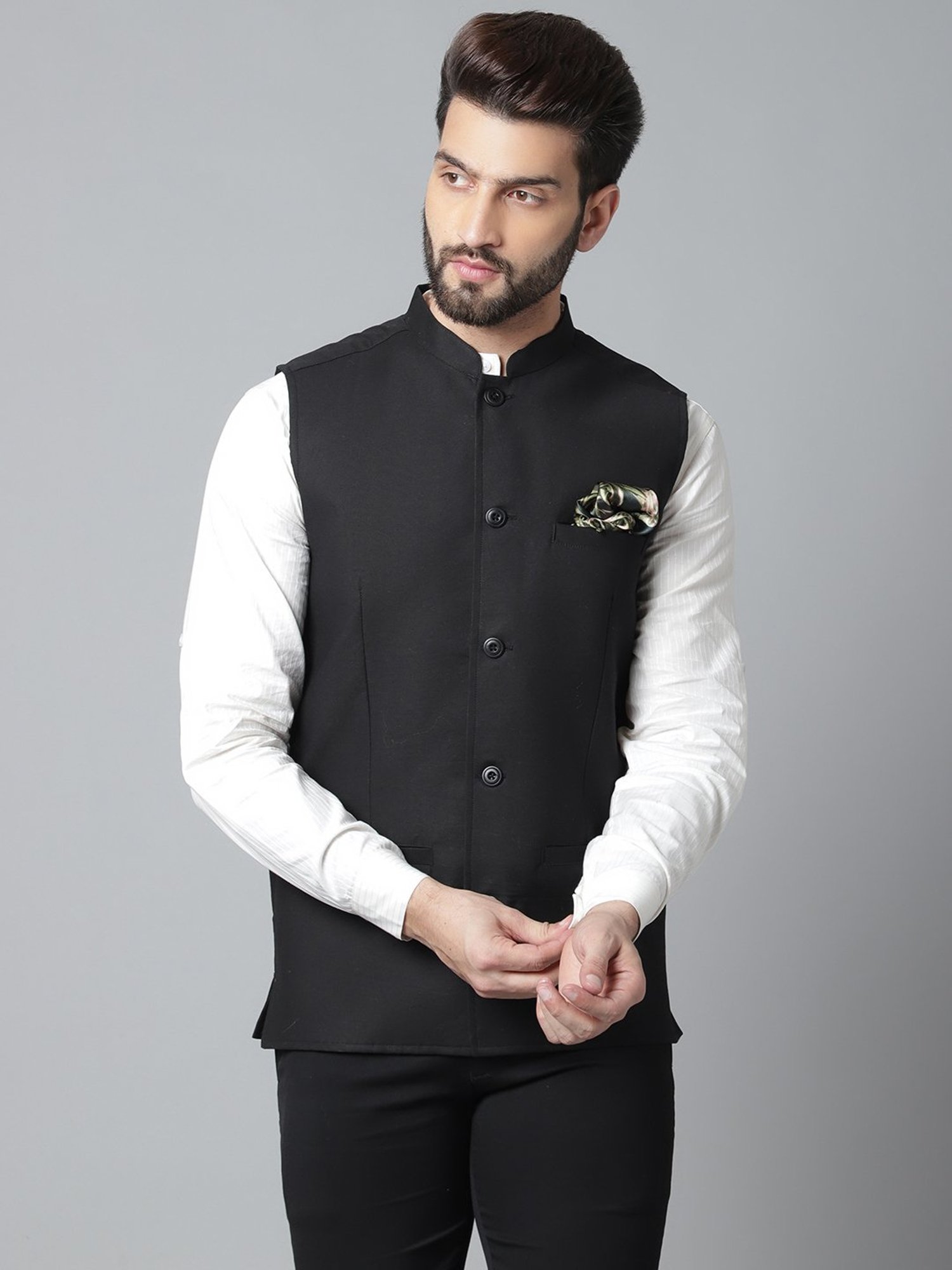 Even Black Regular Fit Mandarin Collar Nehru Jacket