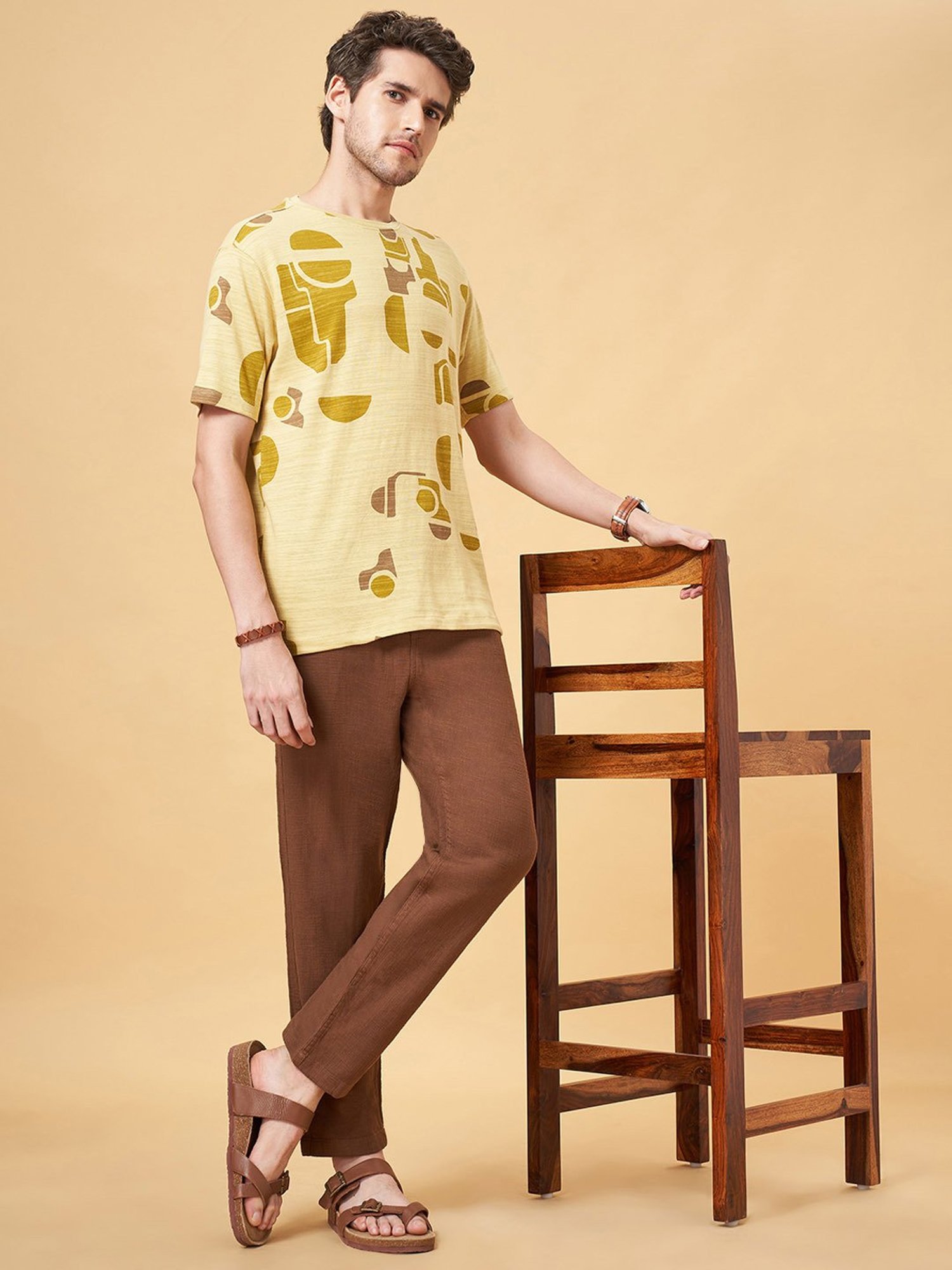 7 Alt by Pantaloons Mustard Relaxed Fit Printed Crew T-Shirt