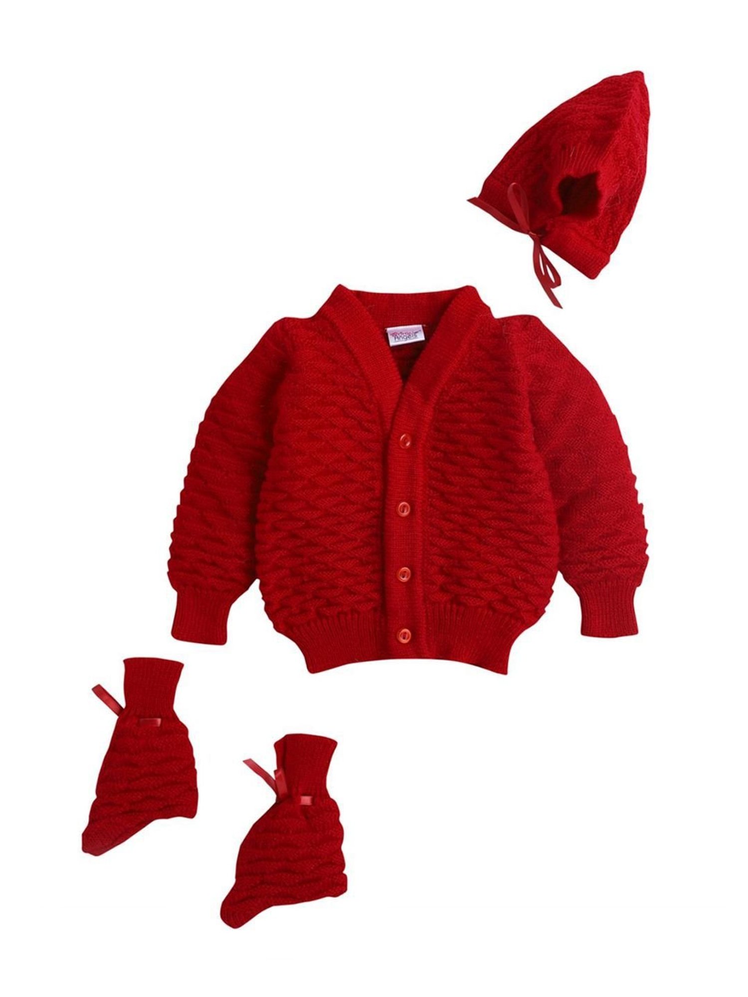 Little Angels Kids Red Textured Pattern Full Sleeves Sweater Set