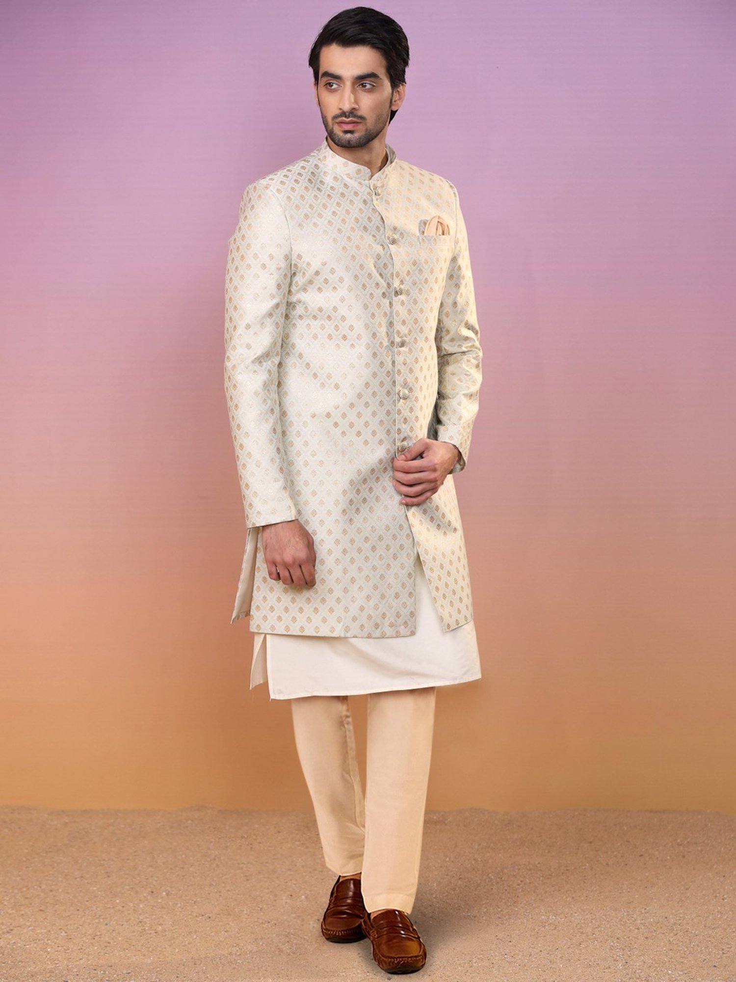 Kisah Beige Regular Fit Jacquard Sherwani Set