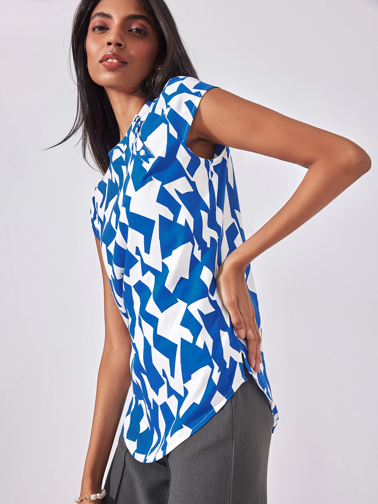 The Label Life White & Blue Printed Top