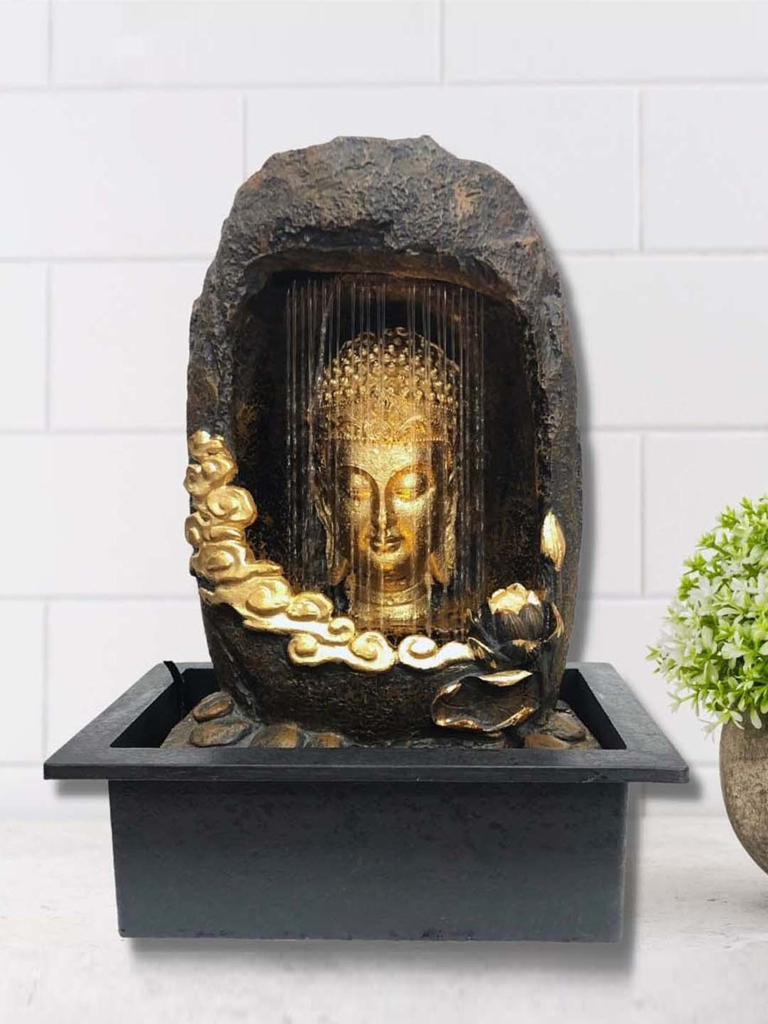 CHRONIKLE Golden & Brown Polyresin Meditating Buddha Sitting In Cave Style Waterfall Fountain
