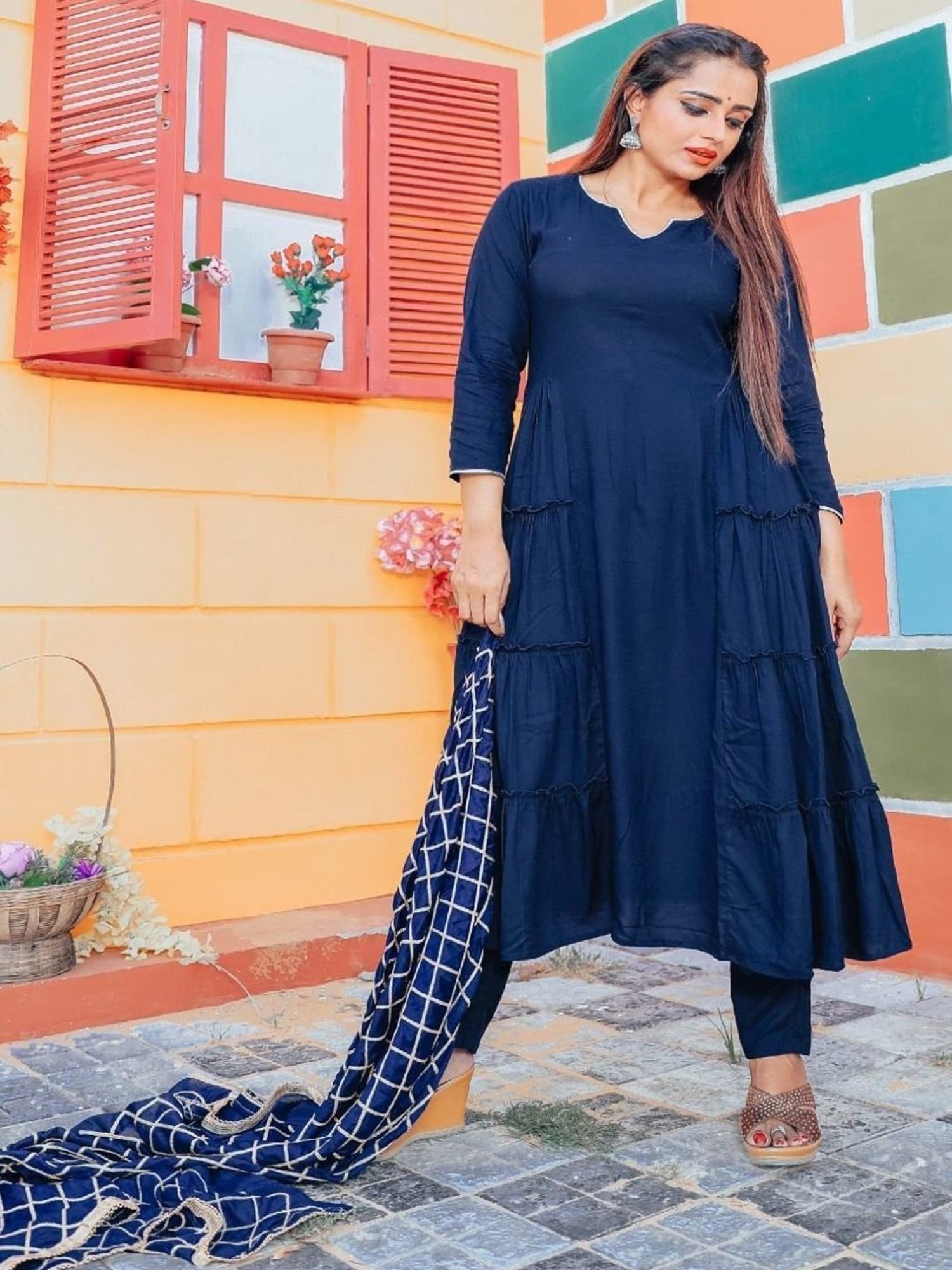Thread and Button ?egyptian Blue Kurta and Bottom with Gotta Jaal Dupatta