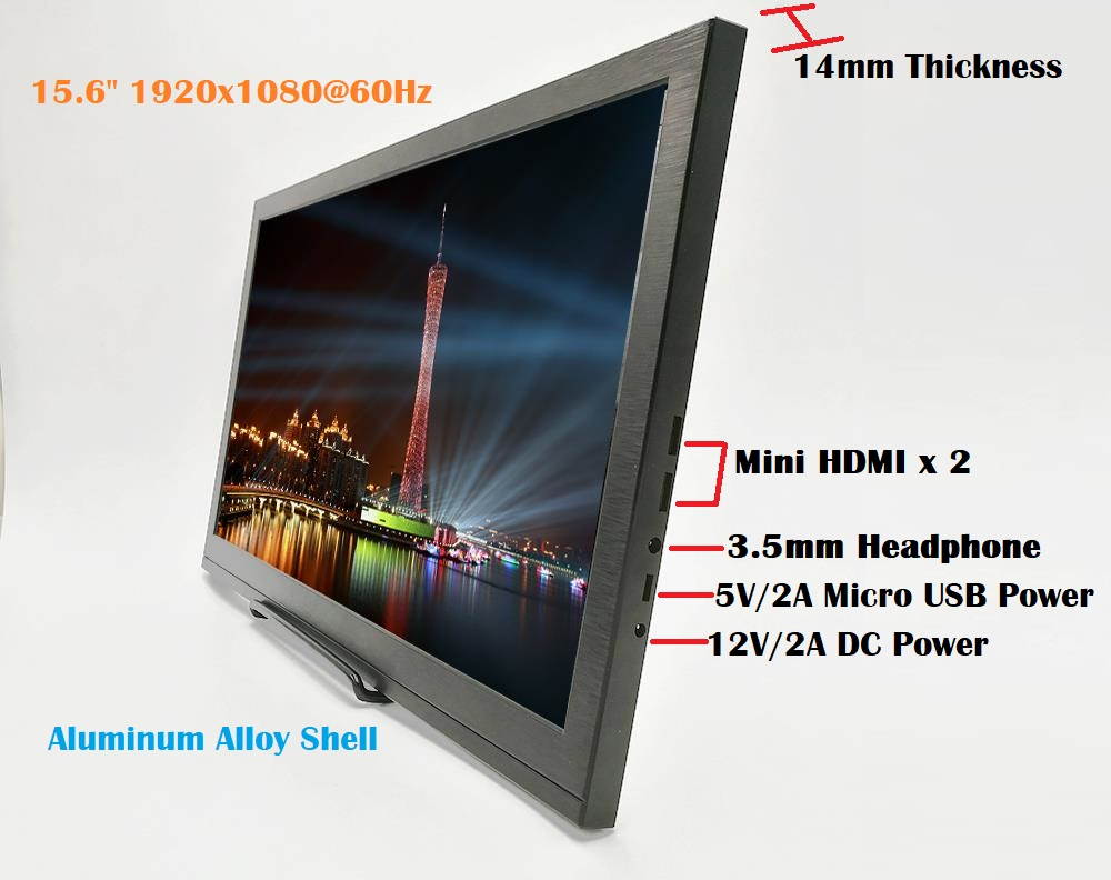 15.6" 1920x1080 Full HD IPS Portable Monitor 1080p HDR with Mini HDMI x 2 / 3.5mm Headphone / Micro USB Ports, 5V/2A Micro USB or 12V/2A DC Power Supply, Slim 15.6 inch Portable Display HDMI Input.