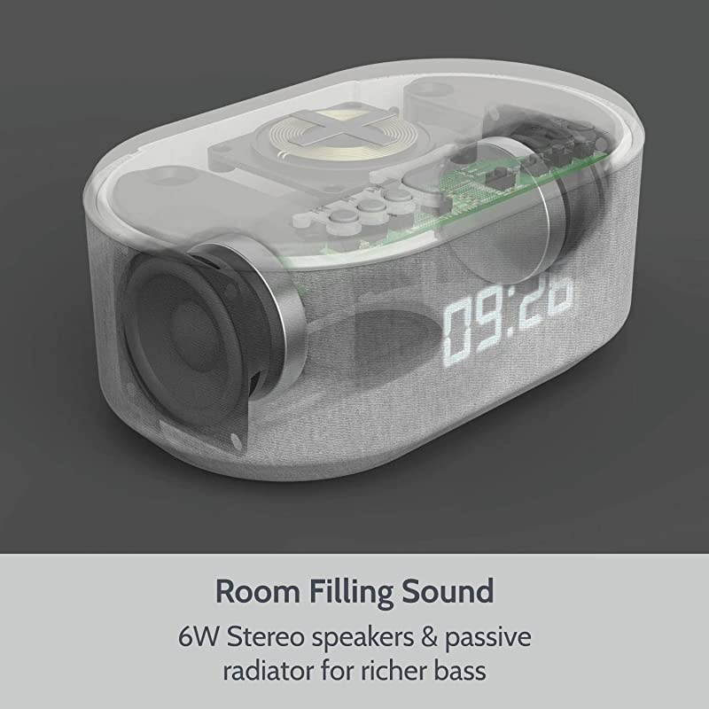 Radio Alarm Clock with USB Charger, Bluetooth Speaker, QI Wireless Charging, Dual Alarm Dimmable LED Display (White)