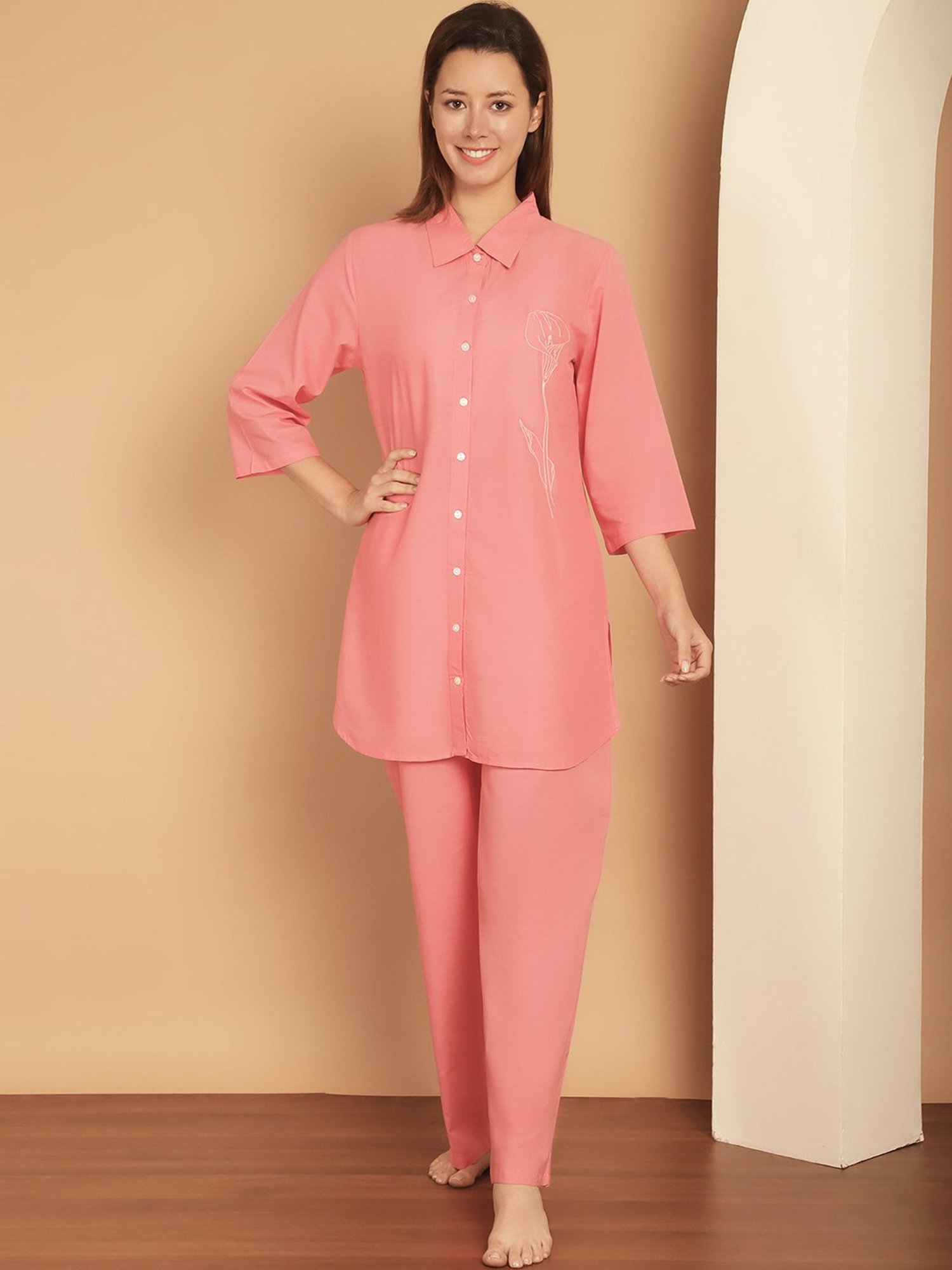 Kanvin Peach Cotton Embroidered Shirt Pyjamas Set