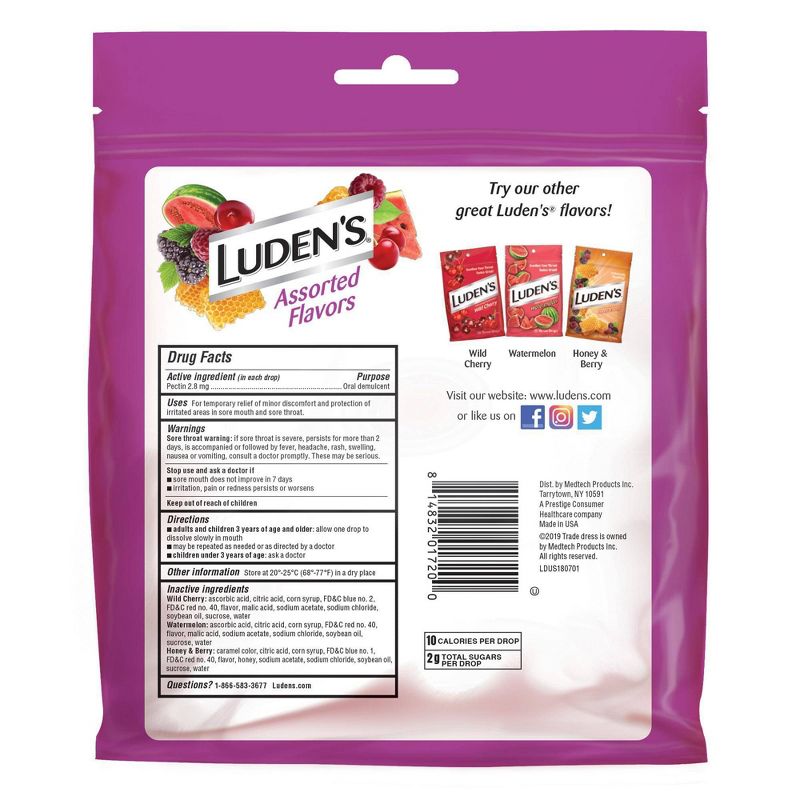 Luden's Soothing Throat Drops for Sore & Irritated Throats - Wild Cherry, Watermelon, Honey & Berry - 90ct