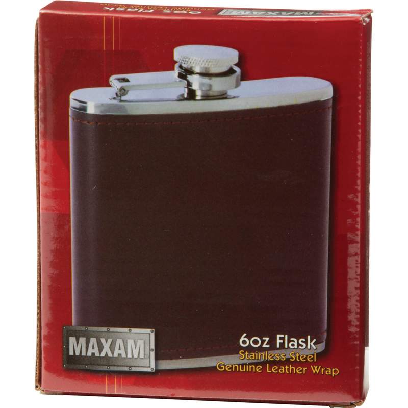 Maxam® 6oz Stainless Steel Flask with Brown Genuine Leather Wrap