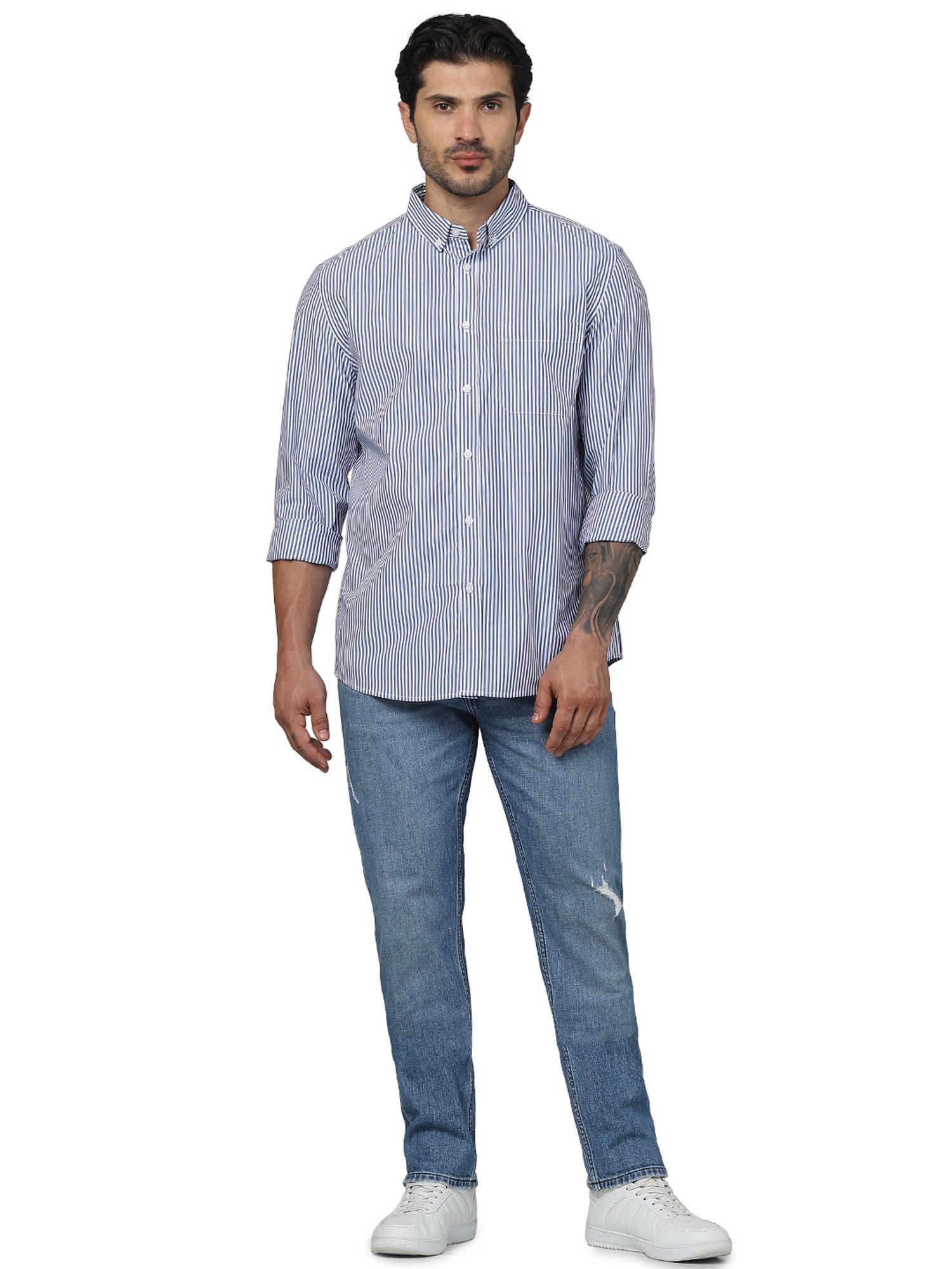 celio* Blue Regular Fit Striped Cotton Shirt