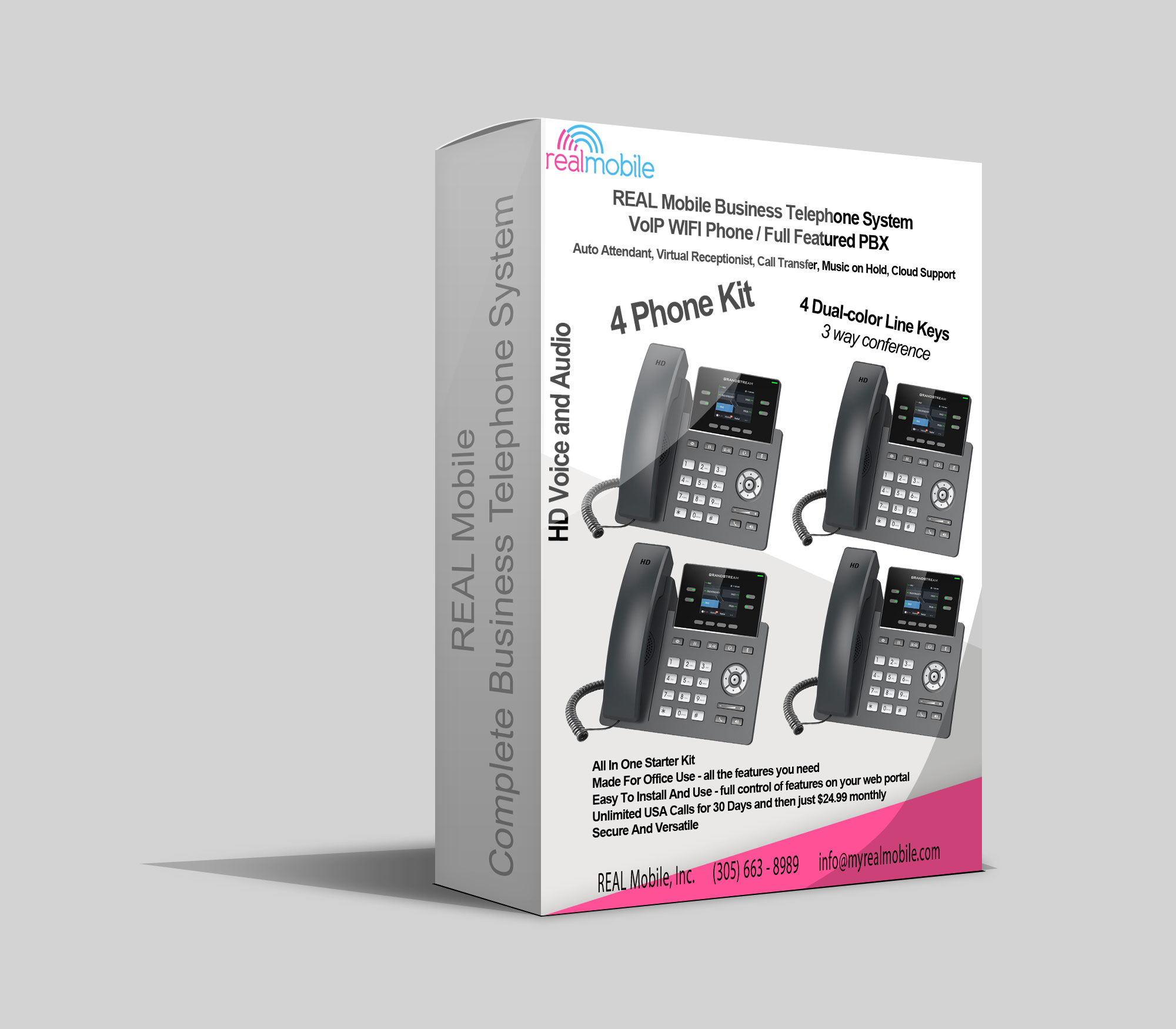 REAL Mobile 4 LINE  Business Telephone System , PBX and VoIP Phone for Home or Office, Includes Auto Attendant, Virtual Receptionist, Call Transfer, Music on Hold, Cloud Support with WIFI telephone