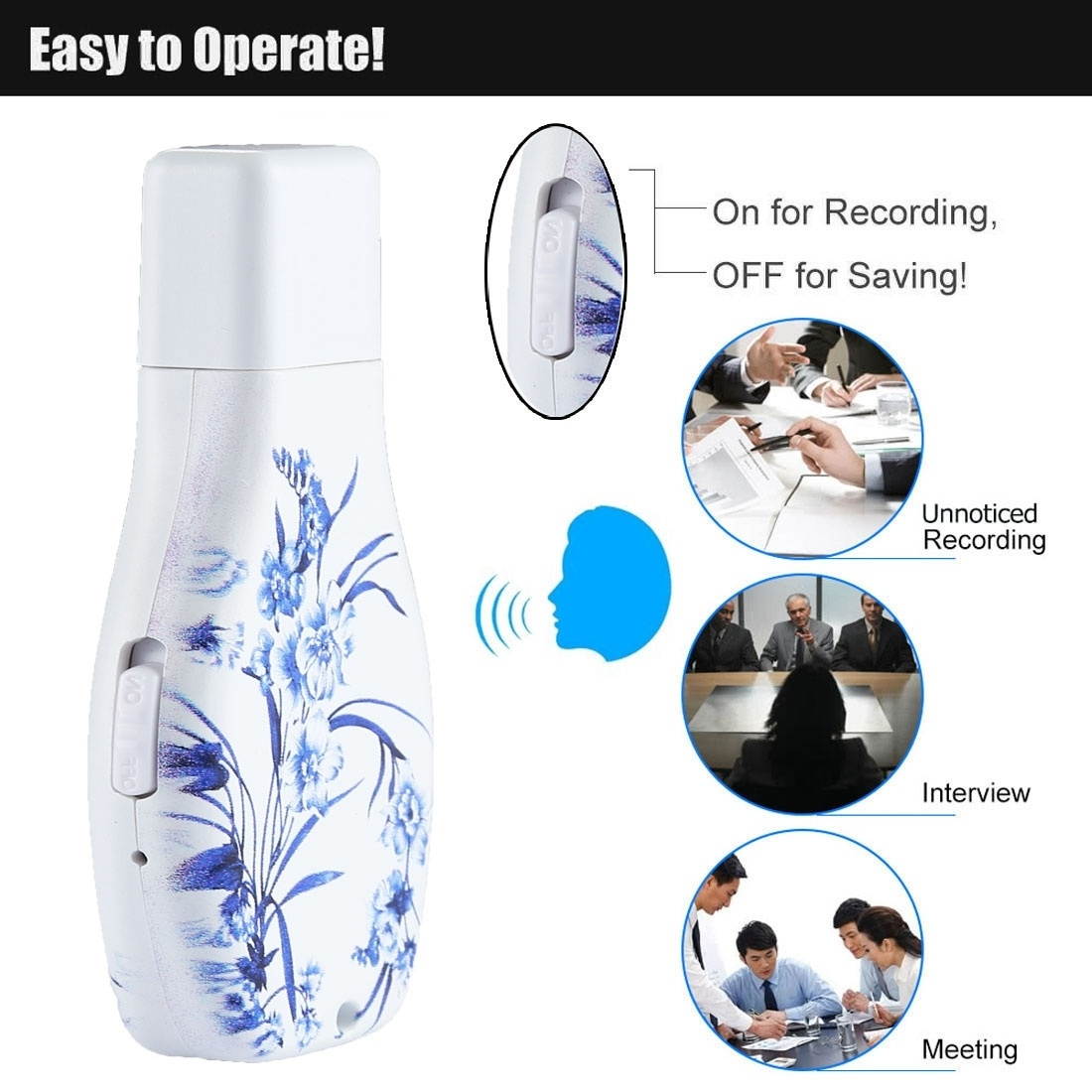 Flowers Blue and White Porcelain Pattern Portable Audio Voice Recorder USB Drive, 16GB, Support Music Playback
