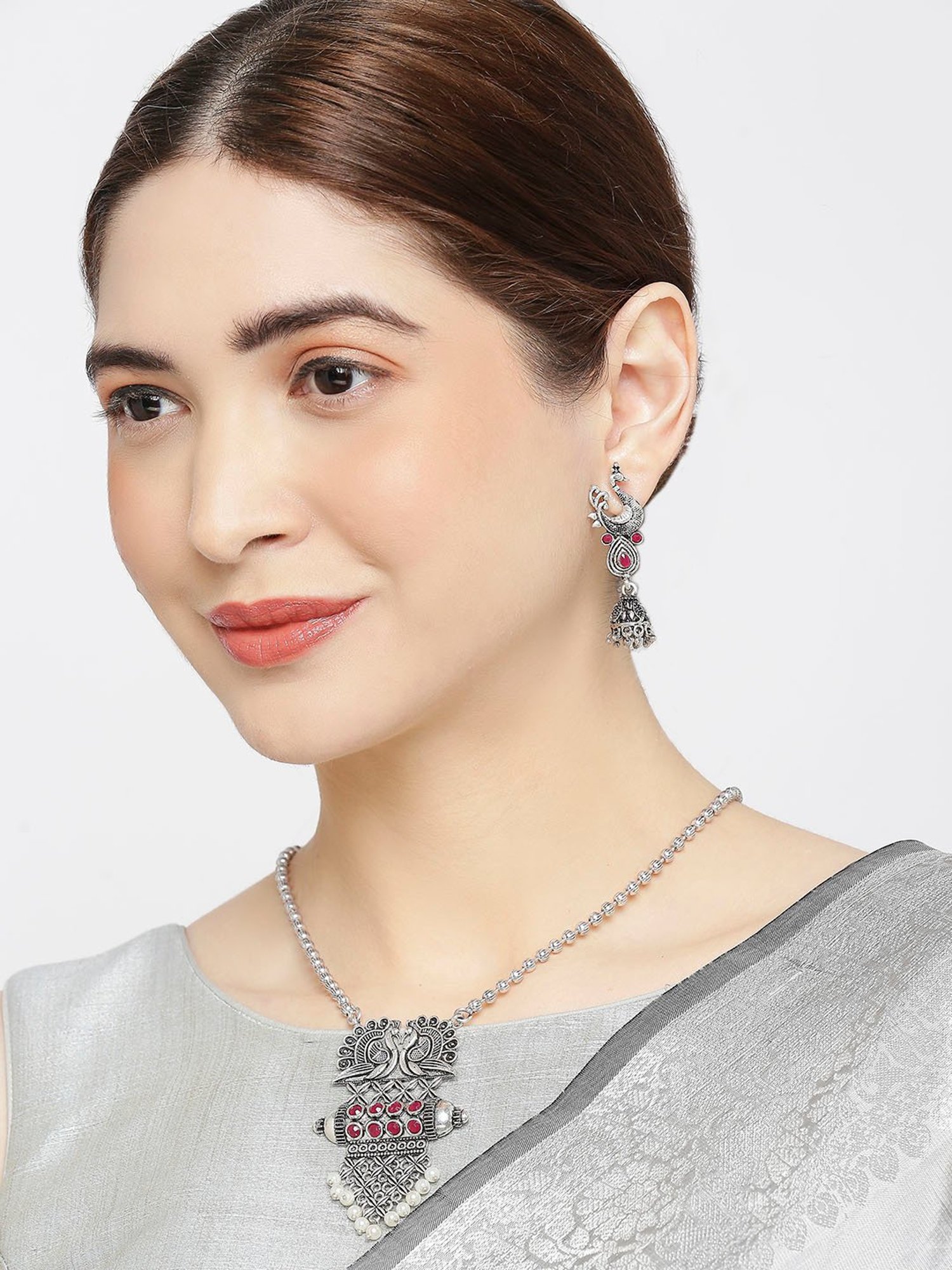 OOMPH Oxidized Silver Look Alike Maroon Stone Peacock Long Necklace Set with Drop Earrings