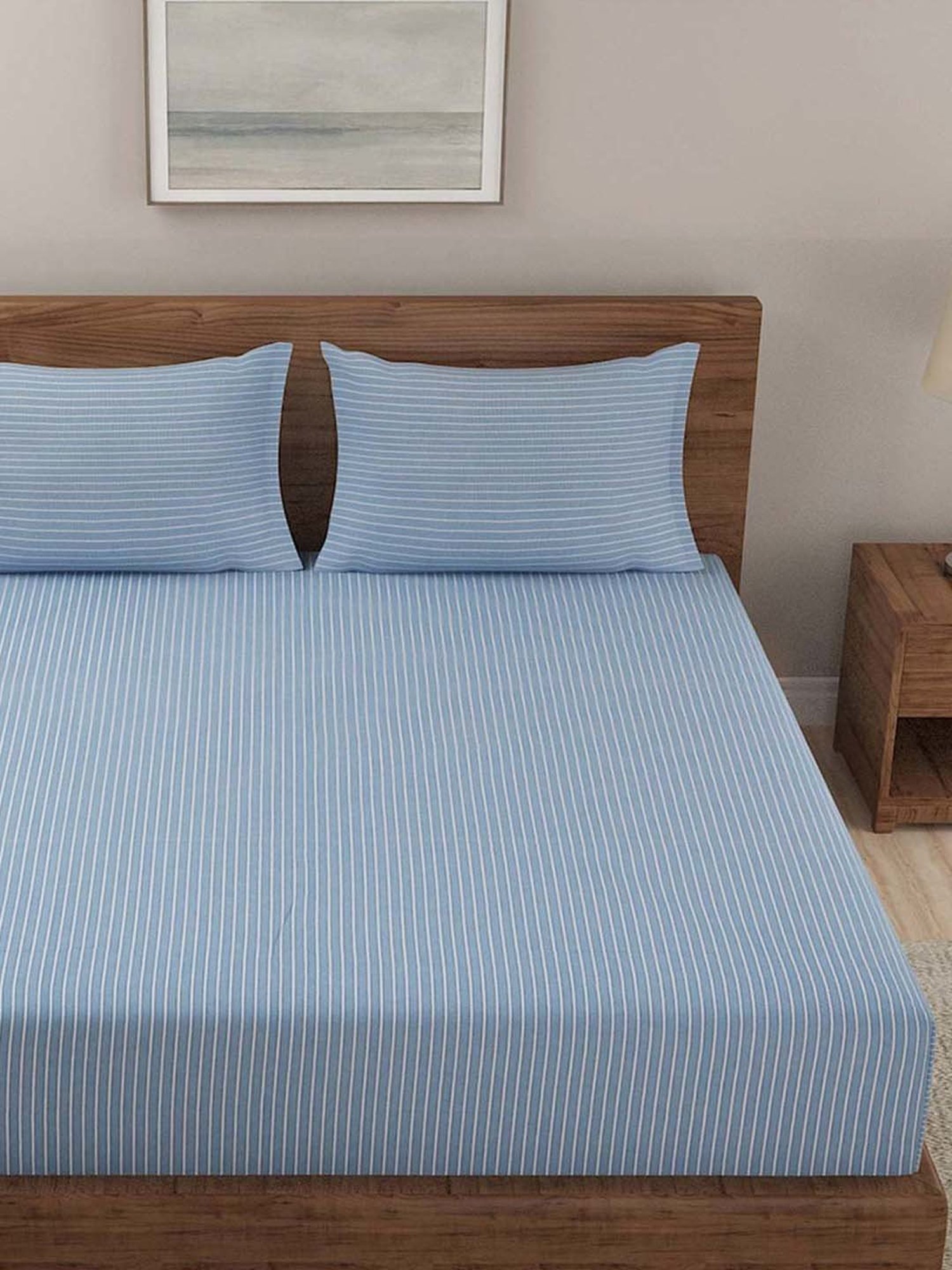 Fabindia Home Blue Cotton 92 TC Nile Double Bed Sheet with 2 Pillow Covers