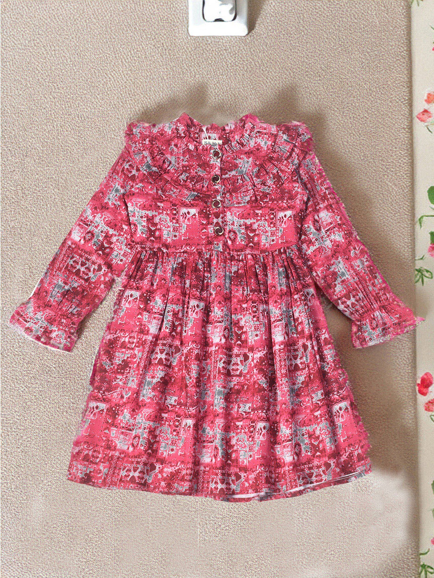 Bella Moda Kids Red Printed Full Sleeves Fit & Flare Dress