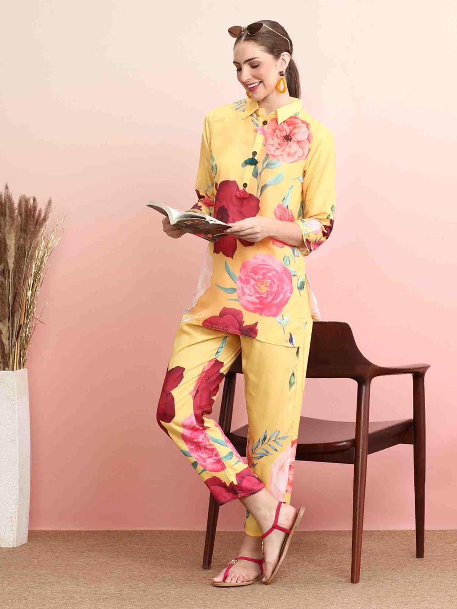 Indo Era Yellow Floral Print Tunic Pant Set