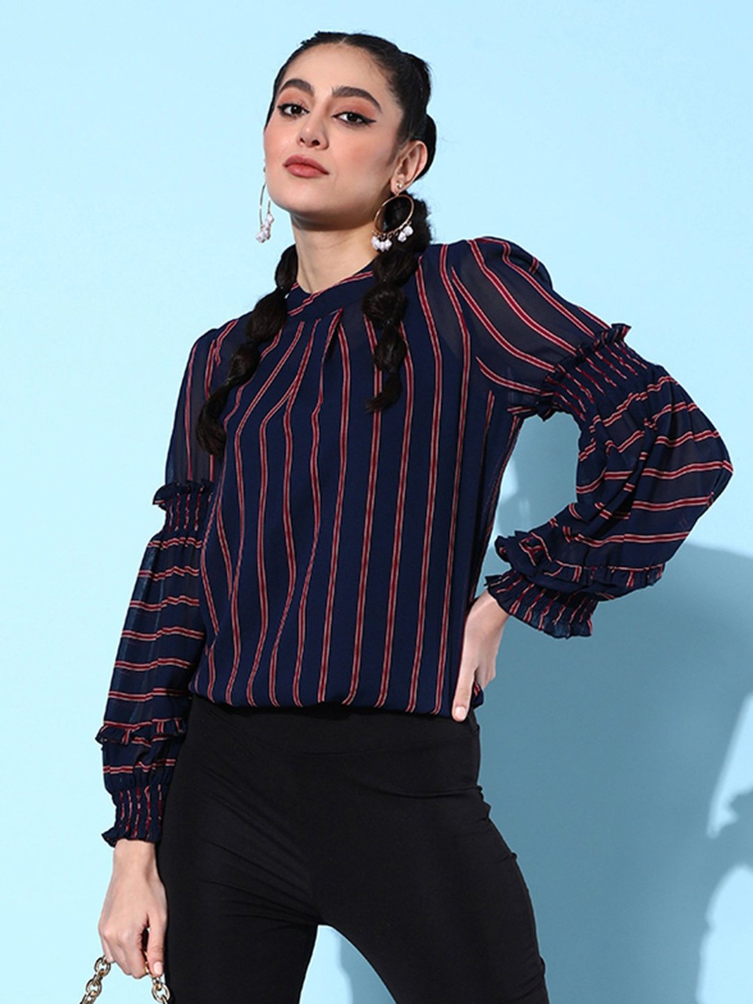 QUIERO Navy Striped Top