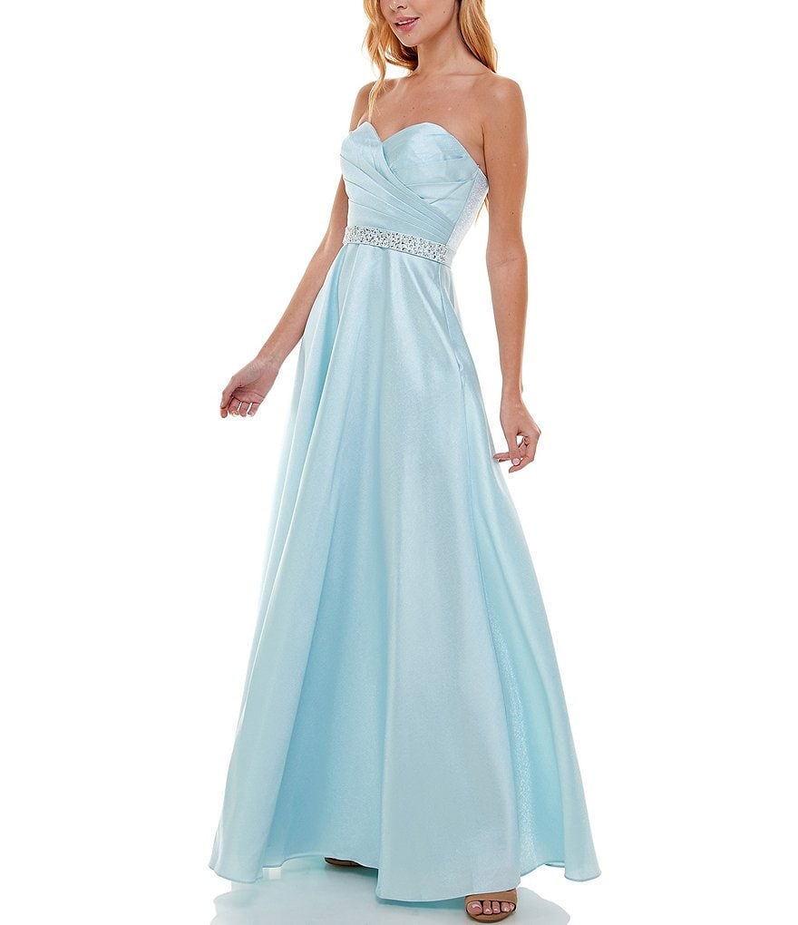B. Darlin Strapless Pleated-Bodice Metallic Ball Gown