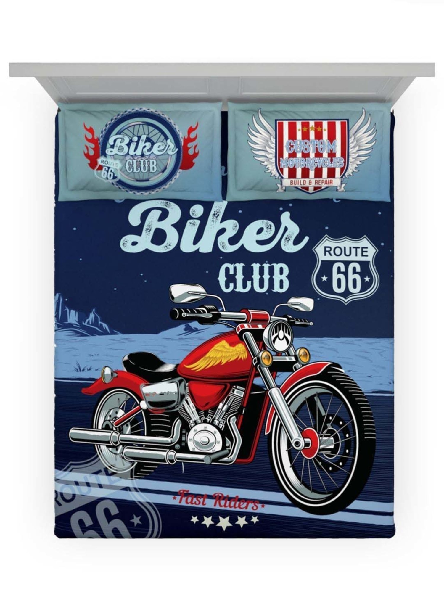 DDecor Biker Club Conversational Blue Cotton 136 TC Double Bedsheet With 2 Pillow Covers