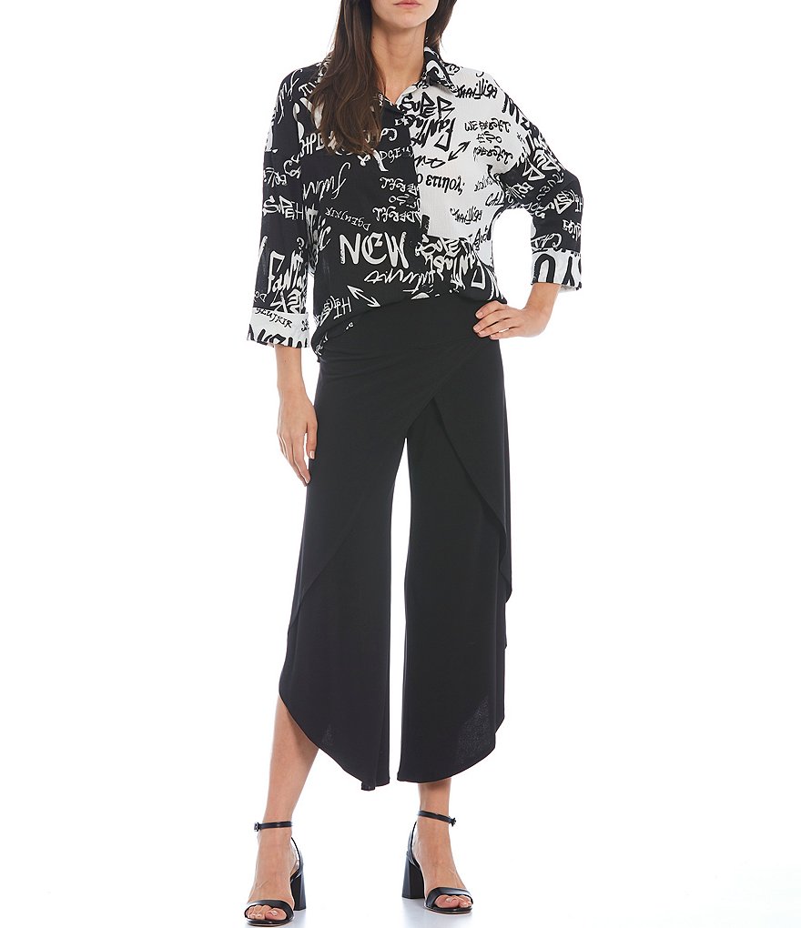 IC Collection Knit Jersey Side Wrap Angled Hem Wide Leg Pull-On Pants