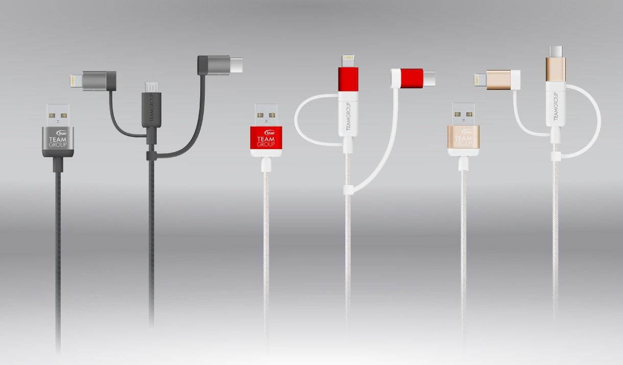 TEAMGROUP Apple MFi certified 3 in 1 Charging Cable WC0C USB2.0 Micro B Lightning USB2.0 Type C 3.3 ft  Gray