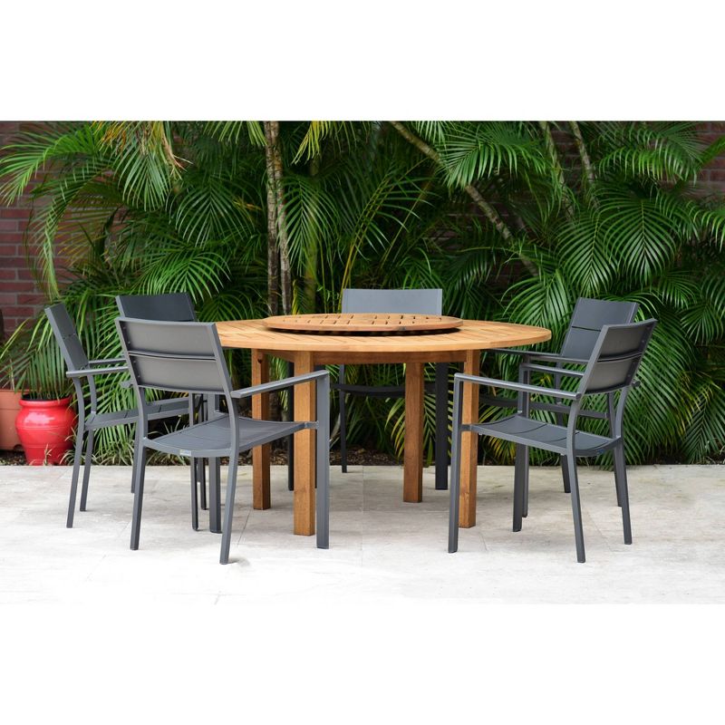 Lucan 7pc Patio Dining Set with Round Table with Teak Finish & Lazy Susan - Amazonia