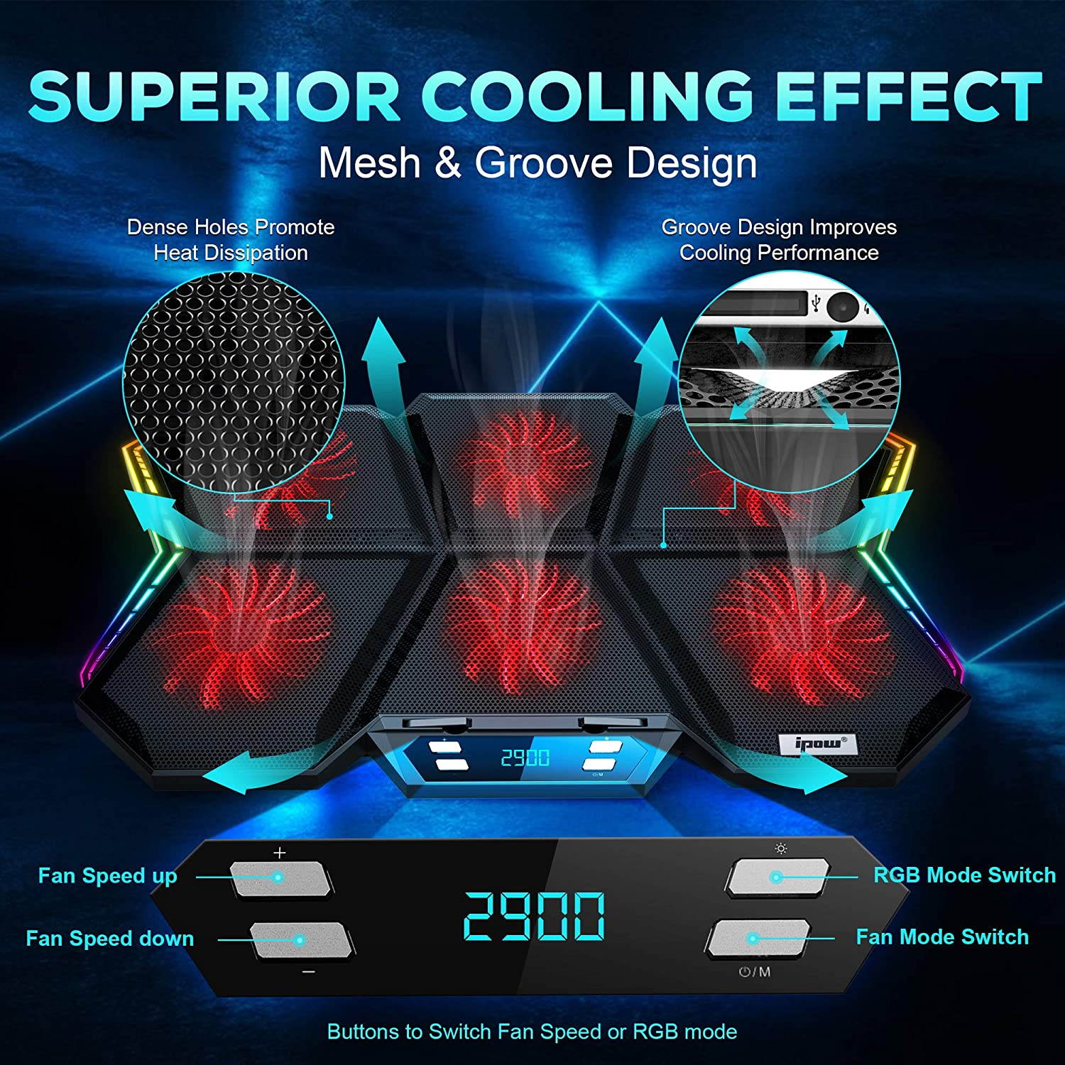 12-Mode RGB Laptop Cooling Pad LED Screen Gaming Laptop Cooler with 6 High-Speed Adjustable Fans, 7 Heights Stand, 2 USB Ports, Compatible up to 17'' Laptop & PS4