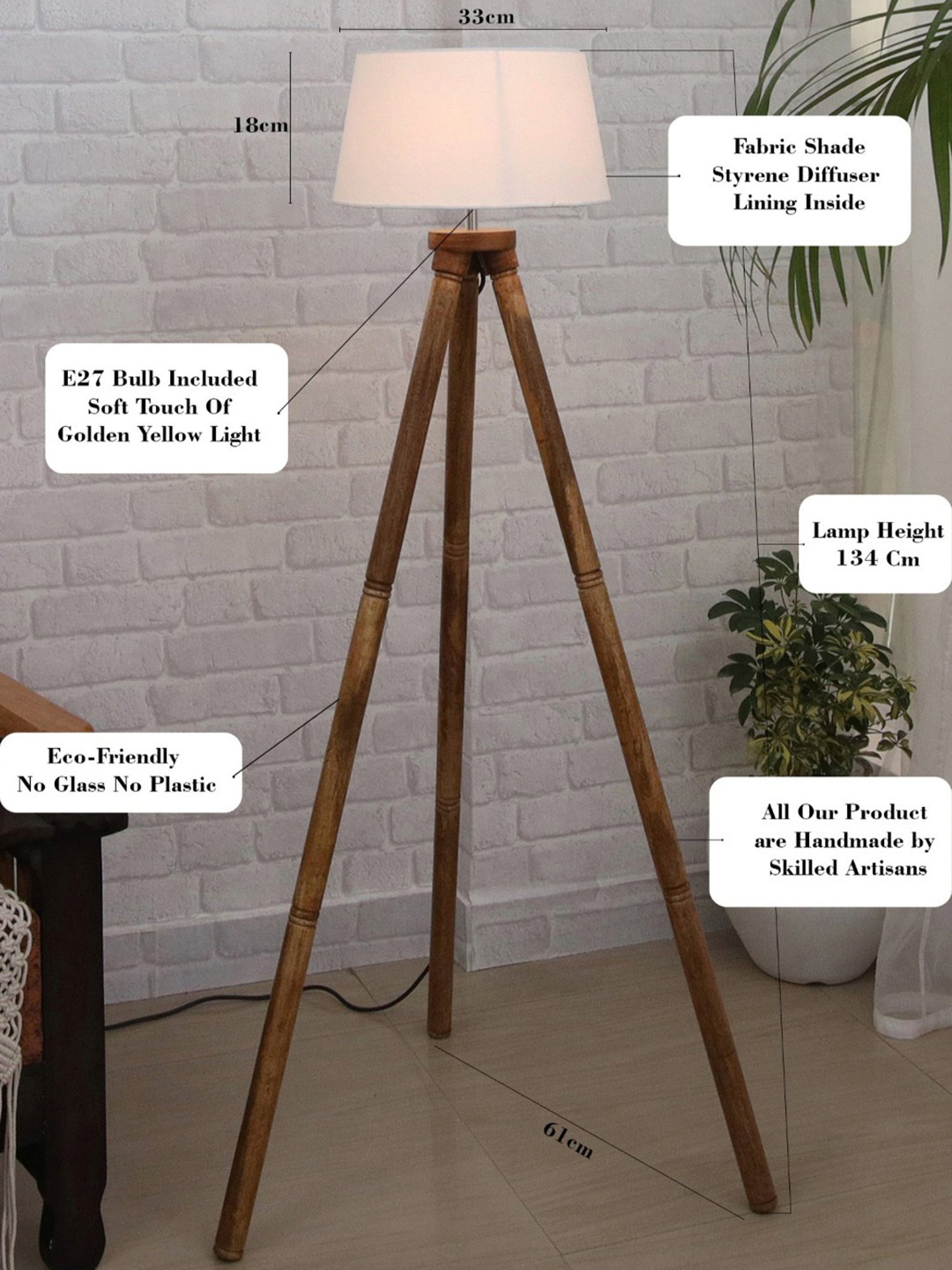 Homesake 'Tripod' White & Brown Wood Tall Floor Lamp With Shade & Bulb - Set of 1