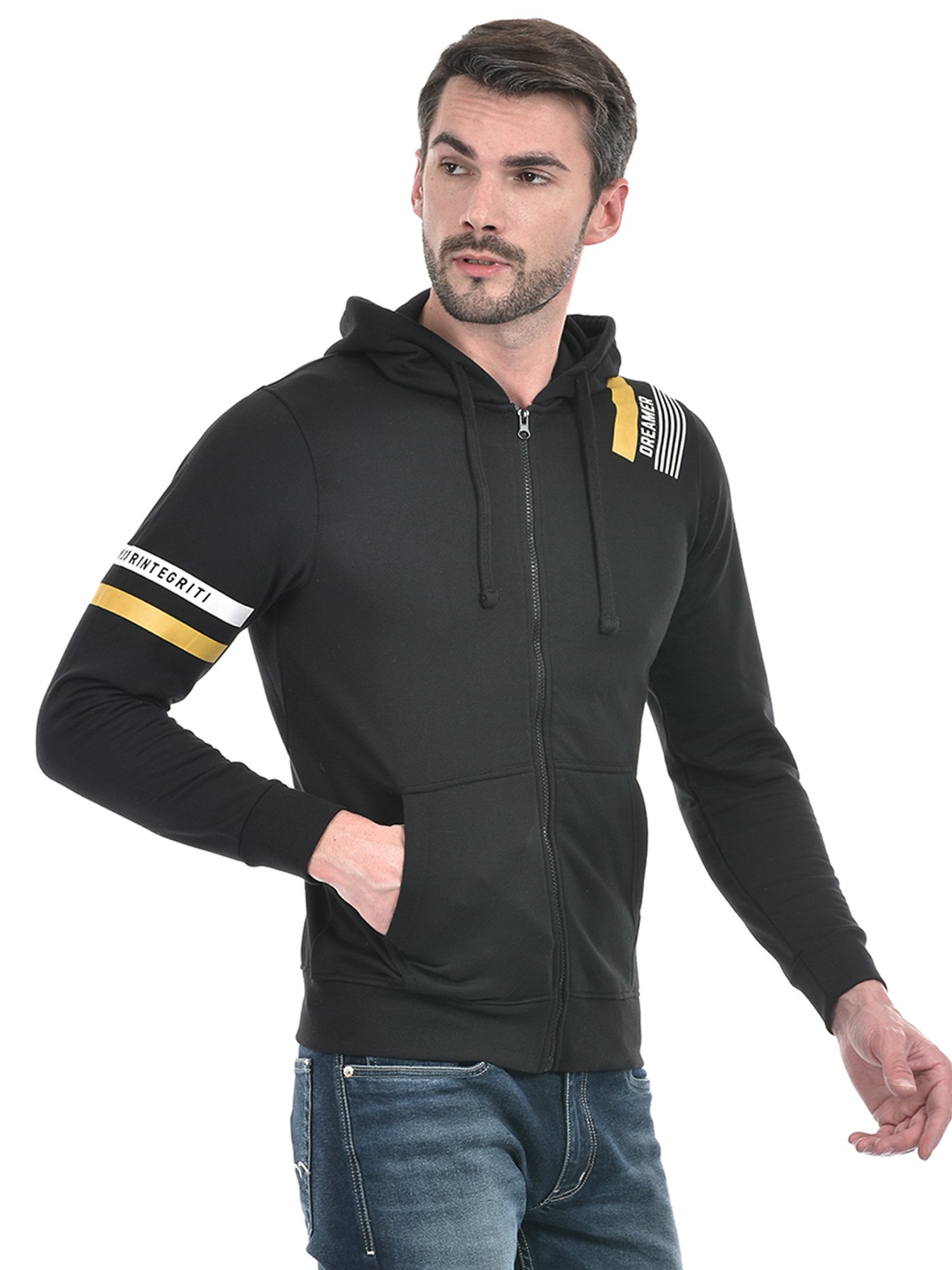 Integriti Black Regular Fit Striped Hooded Sweatshirt