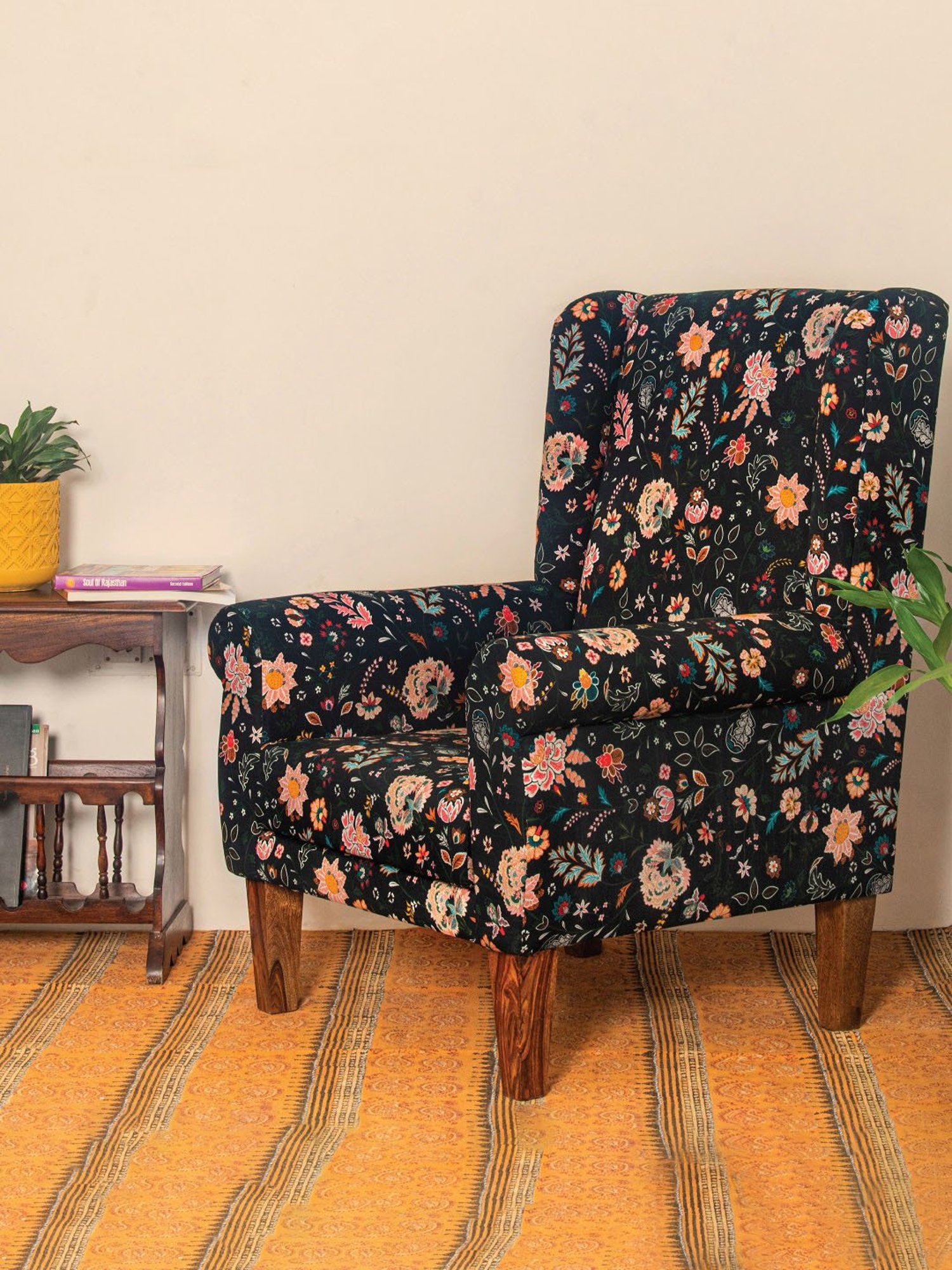 Chumbak Bohemian Paisleys Floral Black Sheesham Wood Begum Wing Chair