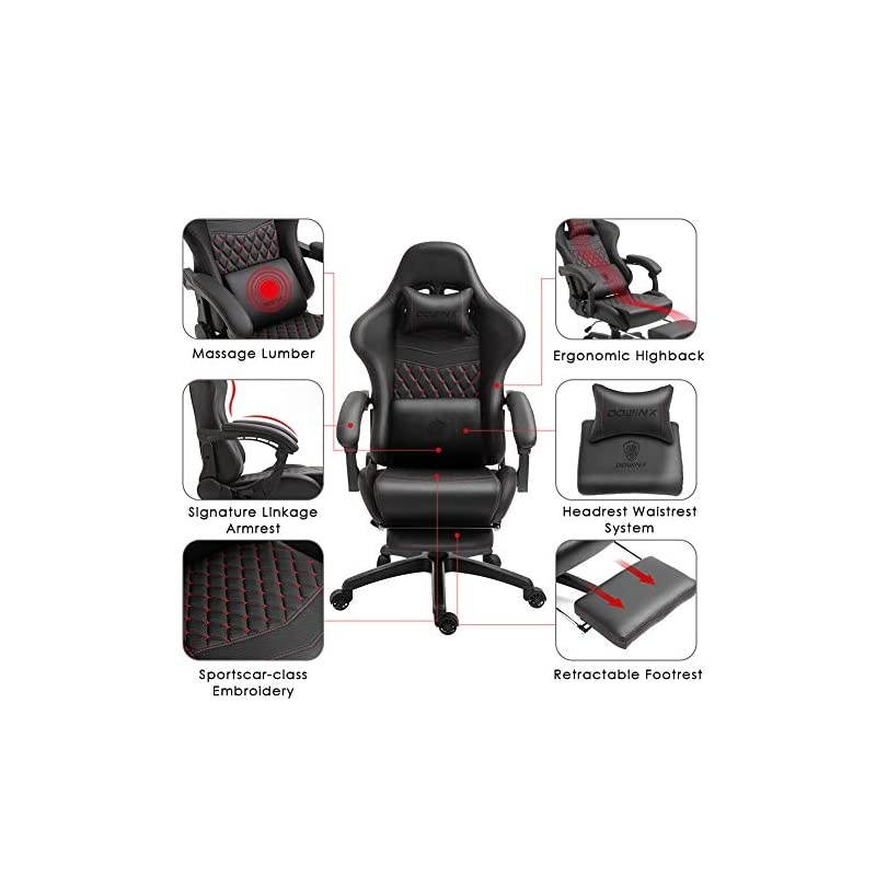 Gaming Chair Office Chair PC Chair with Massage Lumbar Support, Racing Style PU Leather High Back Adjustable Swivel Task Chair with Footrest (Black&Red)