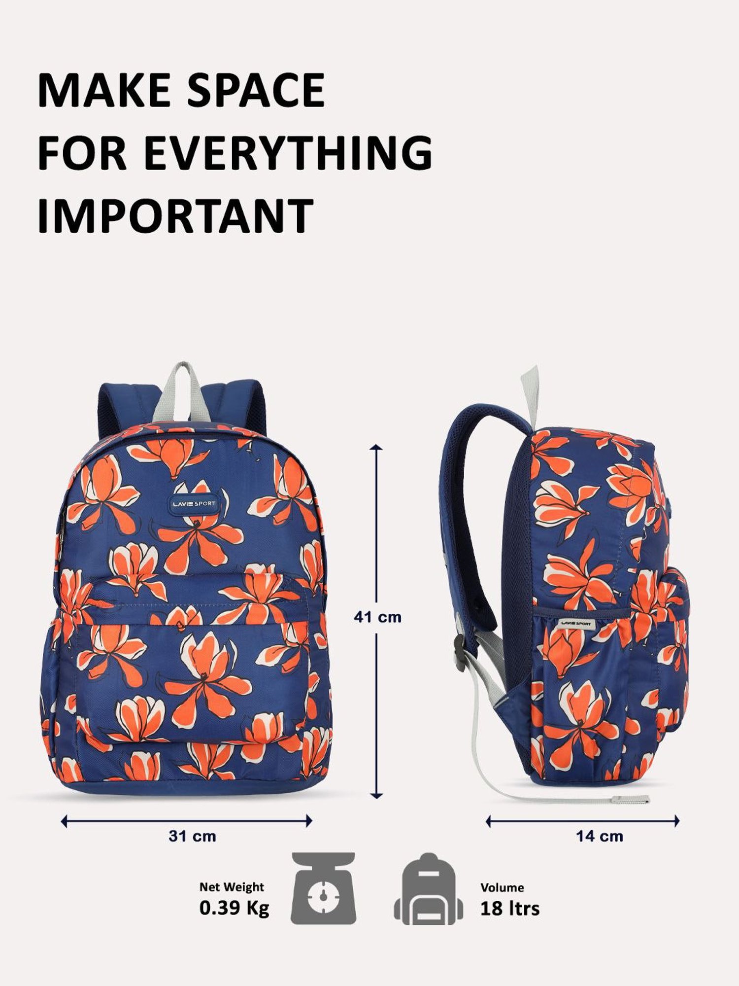 Lavie Sport Bloomy 18L Printed Casual Backpack |School Bag for Girls (Navy)