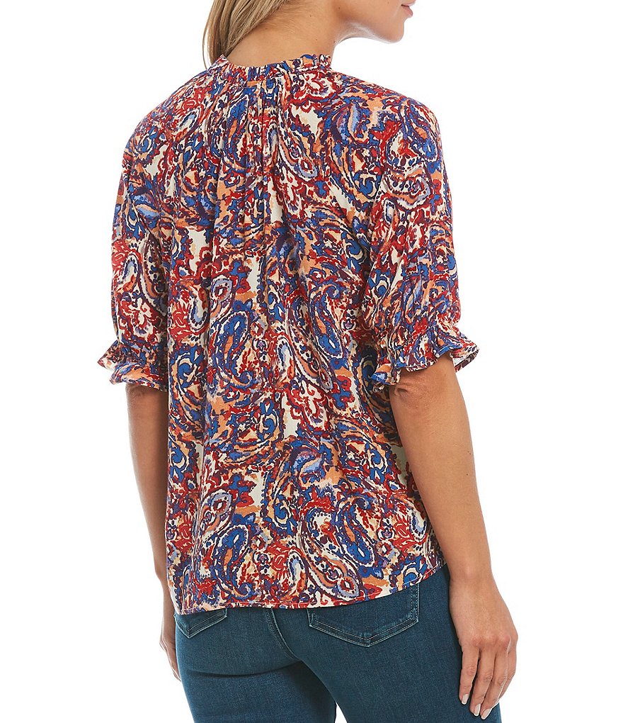 Bobeau Paisley Print Ruffle Trim Crew Neck Short Sleeve Button Down Top