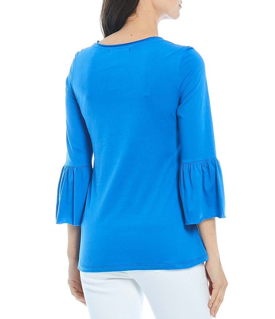 Calessa Knit Jersey Floral Embroidery 3/4 Bell Sleeve Shirt