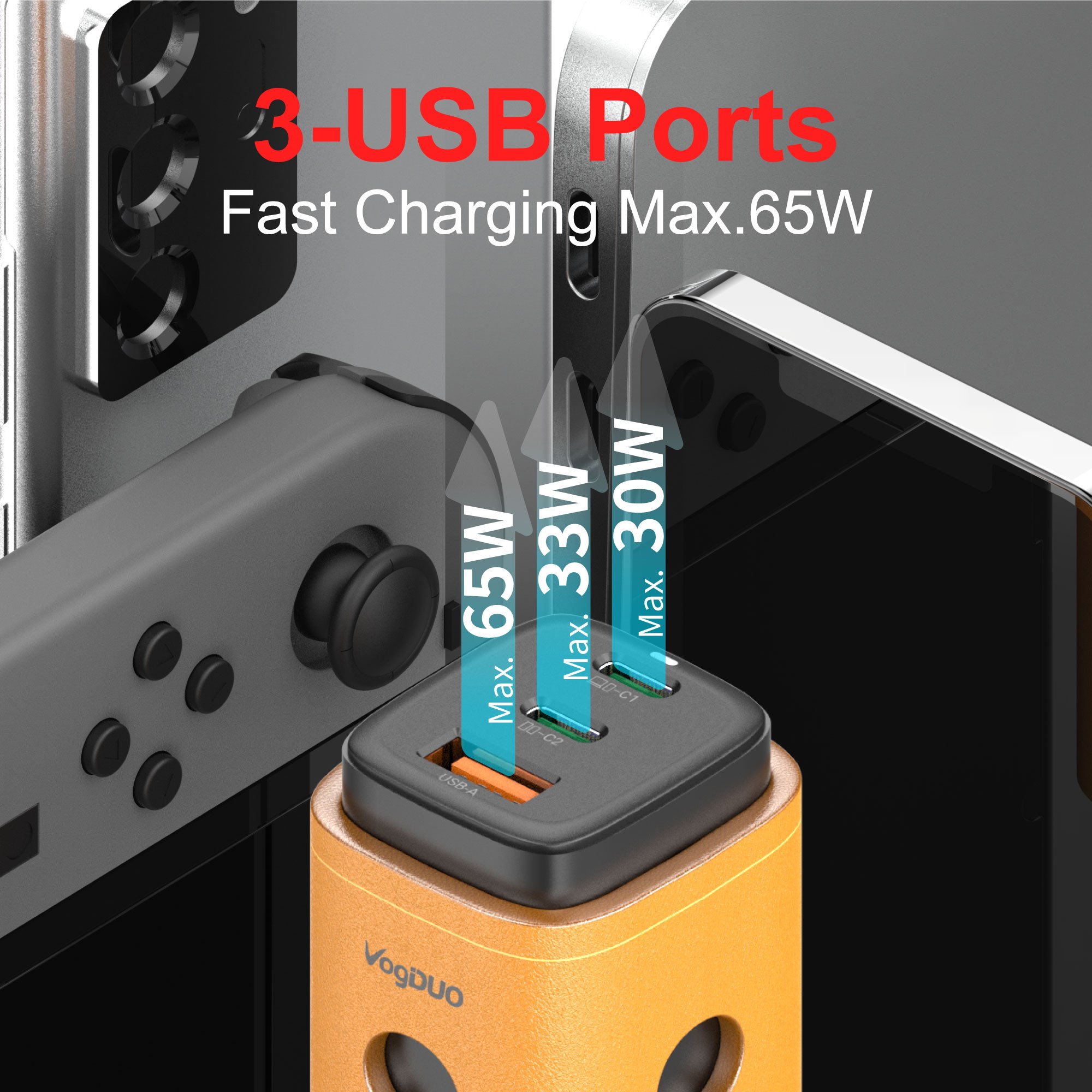 VogDUO USB C Charger, 65W 3 Ports GaN, Fast Charging, Foldable Plug, Genuine Leather style, compatible with iPad, iPhone 12/12 Mini/12 Pro/12 Pro Max/SE/11, Nintendo Switch, MacBook