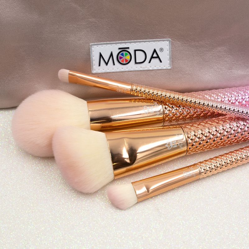 MODA Brush Ros`e 5pc Complete Makeup Brush Set with Zip Case, Includes - Round Powder, Angle Kabuki, Angle Shader, and Smudger Brushes