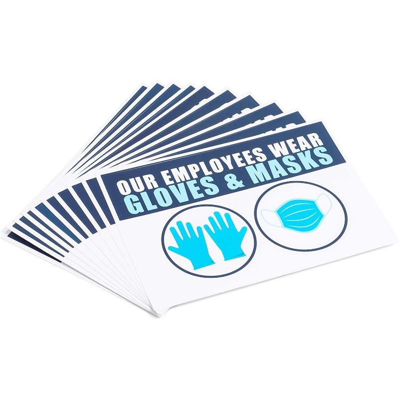 10-Count Safety Signs Sticker Decal of Our Employees Wear Gloves & Masks 4"x6"