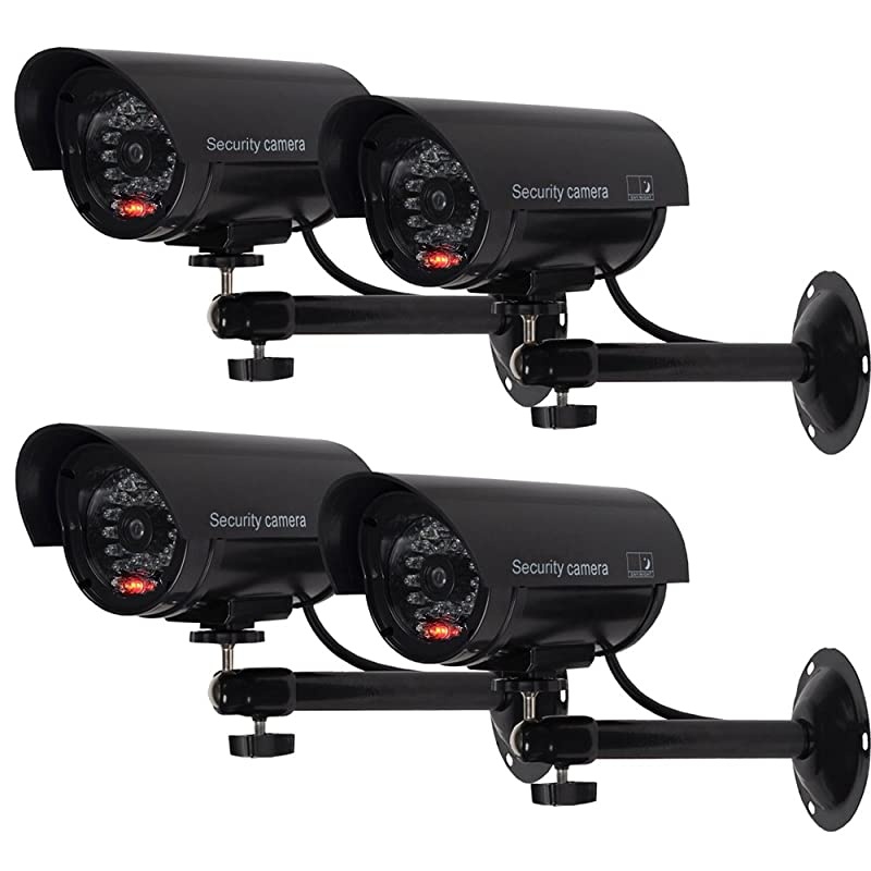 Bullet Dummy Fake Surveillance Security CCTV Dome Camera Indoor Outdoor with one LED Light Security Alert Sticker Decals TCB4 4 Packs Black