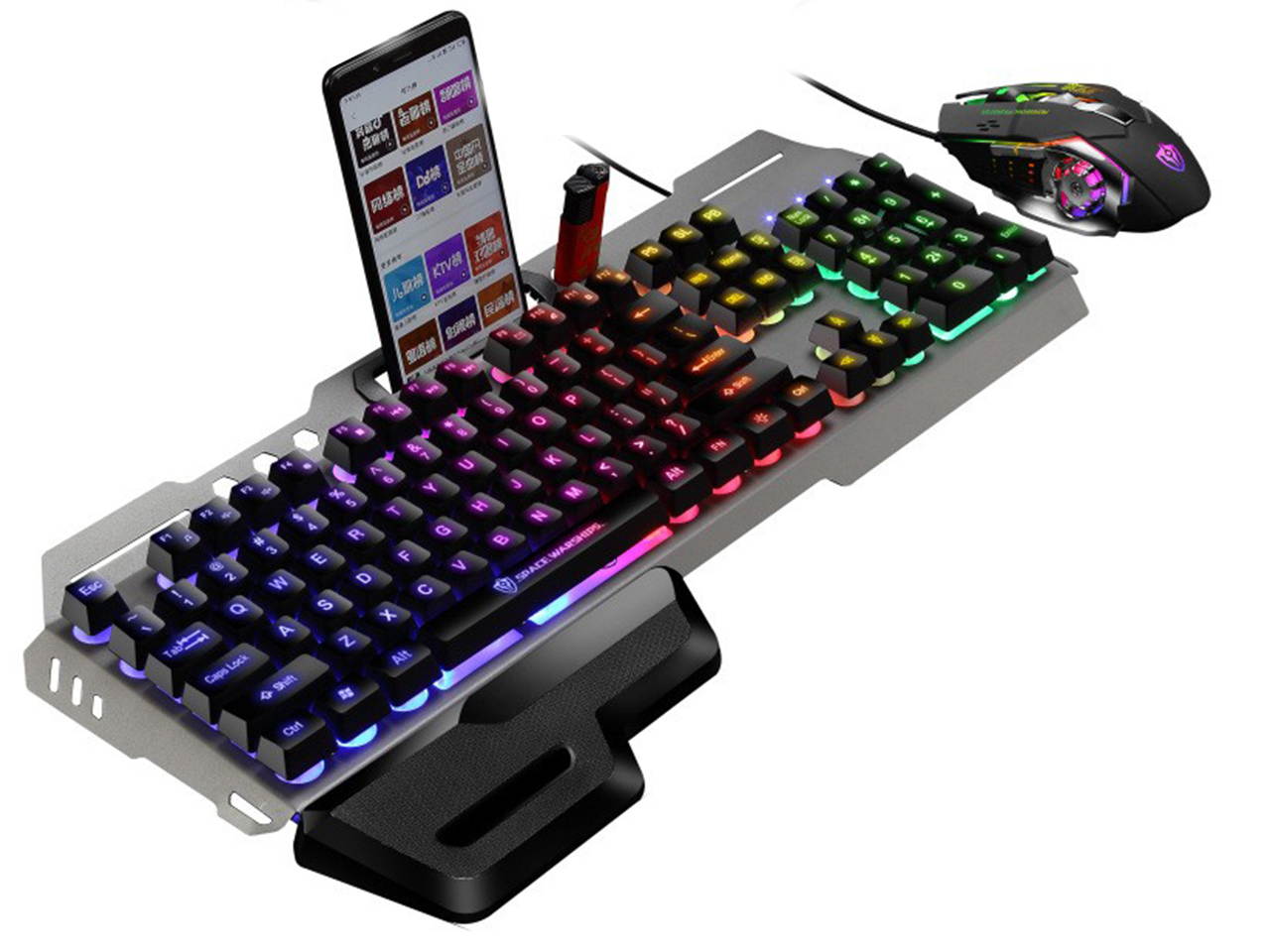 Wired Gaming Keyboard and Mouse, Rainbow Backlit Keyboard Mouse Metal Panel, Removable Hand Rest Keyboard and 7 Color Gaming Mute Mouse for PC Gamers