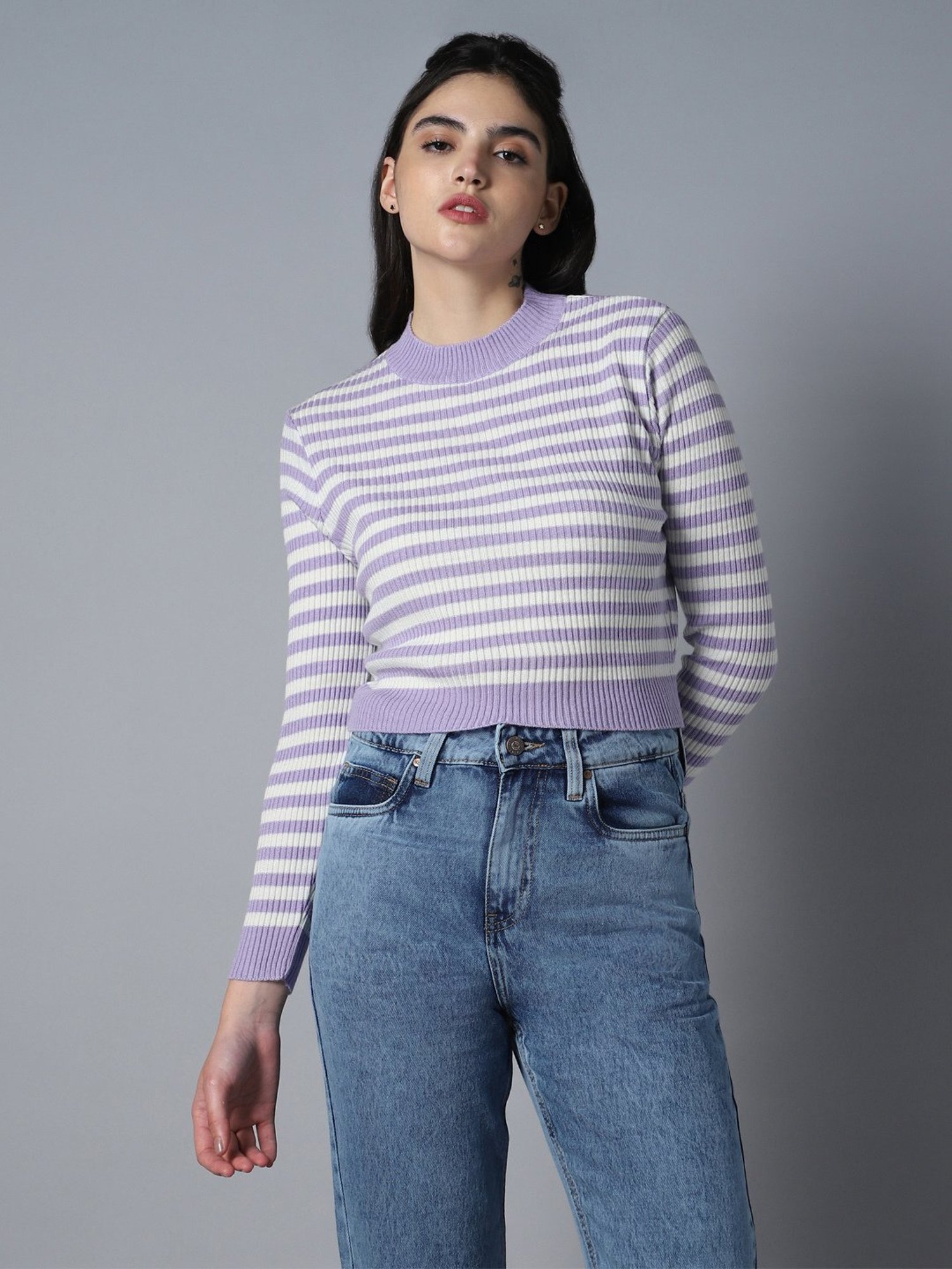 High Star White & Lavender Striped Sweater