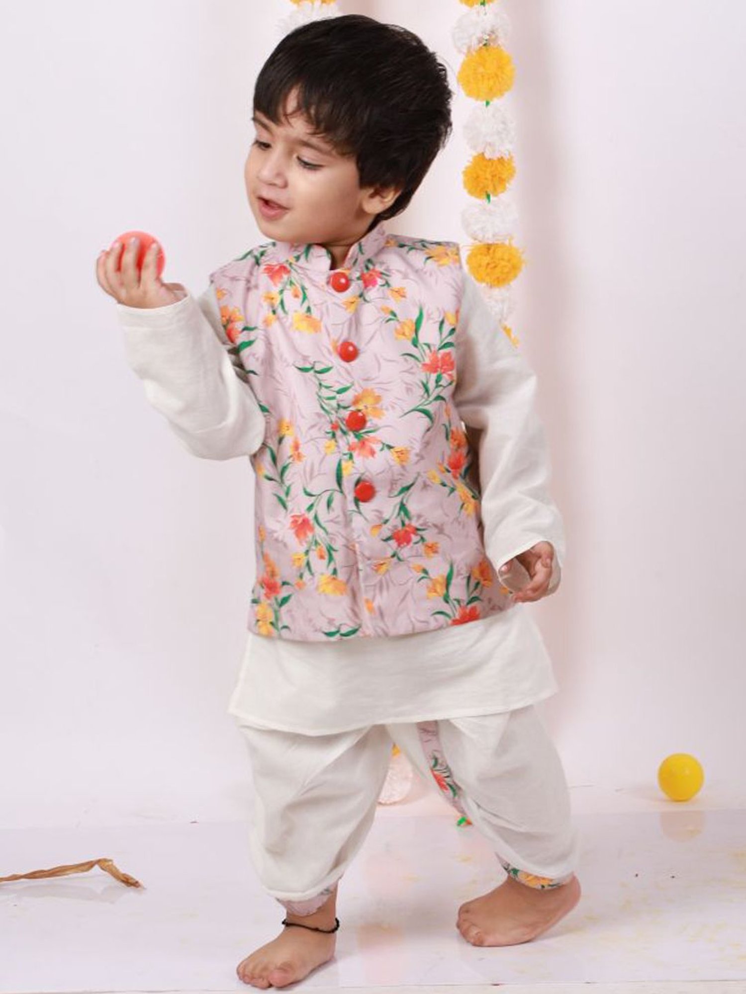 Little Bansi Kids Beige Cotton Floral Print Kurta Set