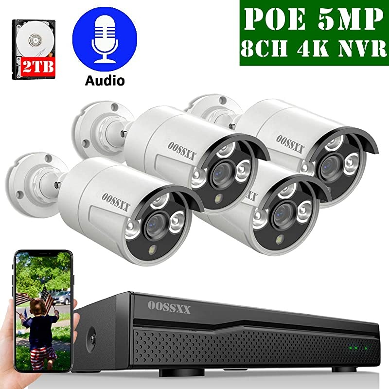 Expandable 5MP & Audio]  POE Home Security Camera System, Outdoor Wired H.265 8CH Recorder, 4pcs POE Bullet IP Cameras Indoor Surveillance Systems, One-Way Audio, Night Vision, 2TB Hard Drive