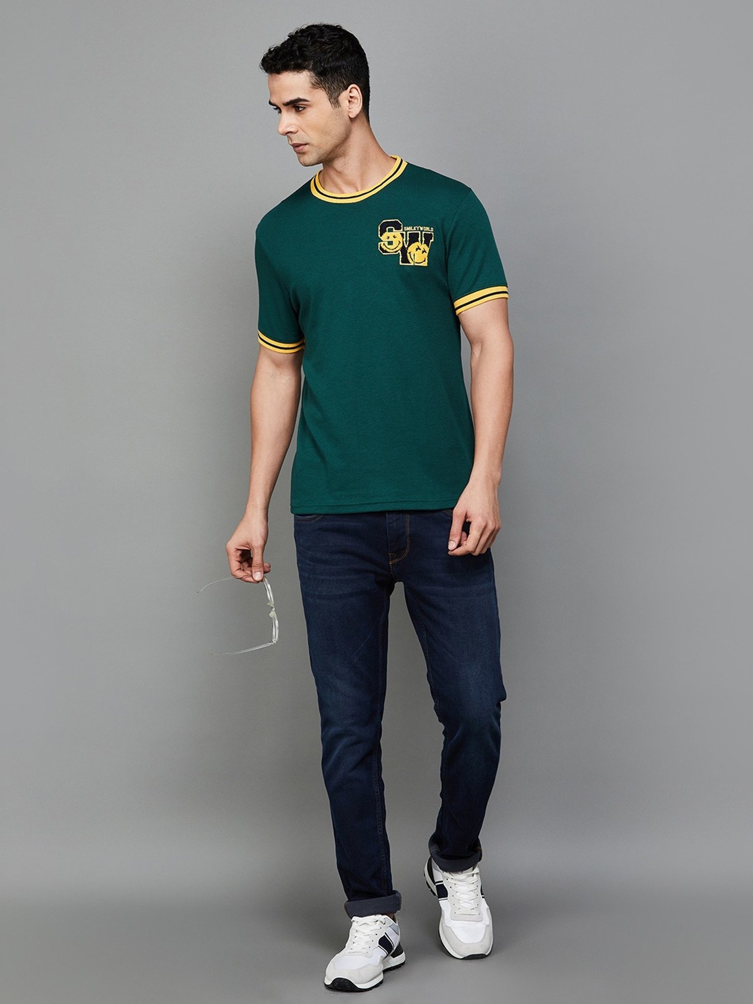 SmileyWorld Olive Cotton Regular Fit Printed T-Shirt