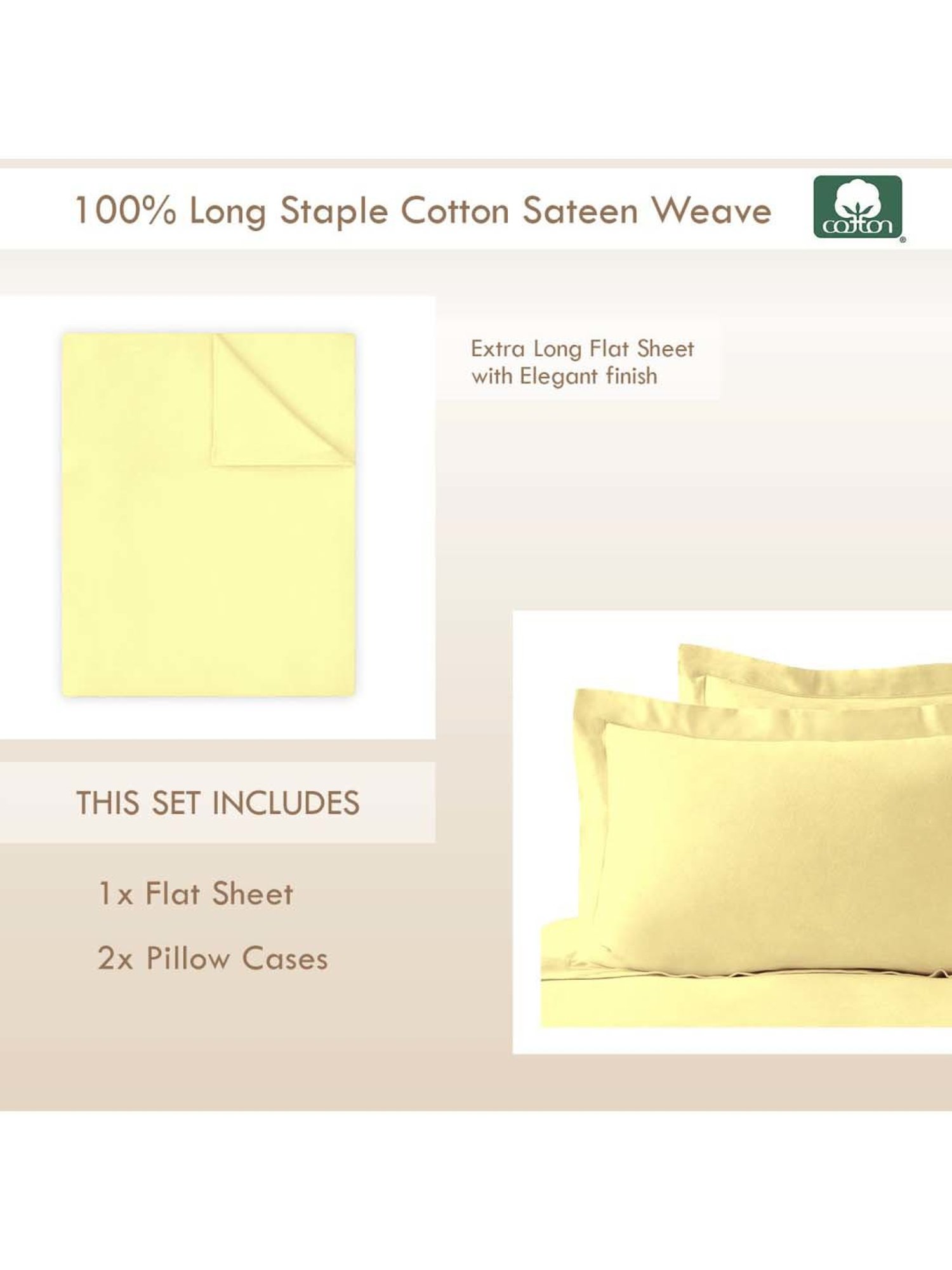 Pizuna Long Staple Mellow Yellow Cotton 400 TC Queen Bedsheet with 2 Pillow Covers