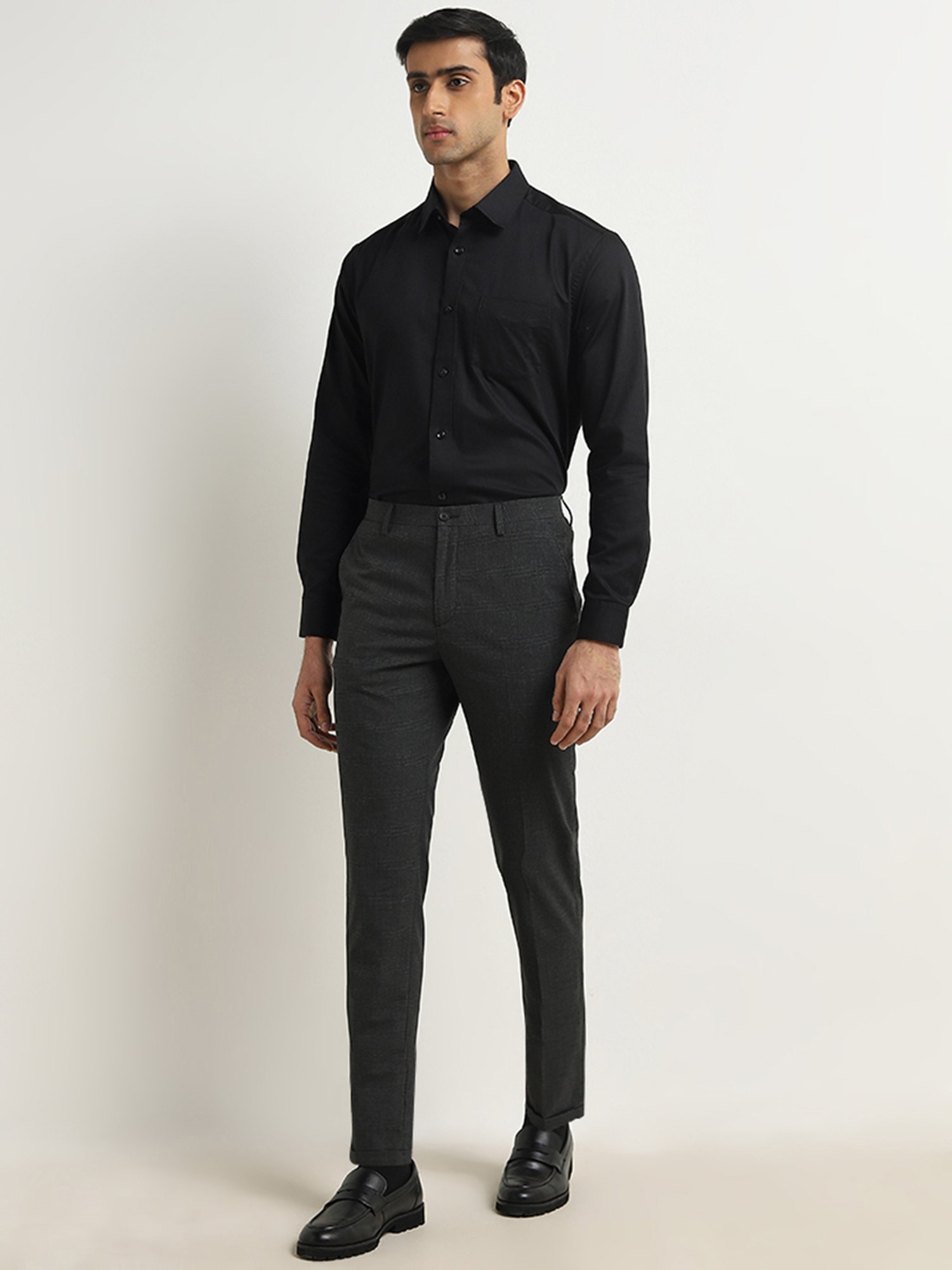 WES Formals by Westside Black Checkered Carrot-Fit Mid-Rise Trousers