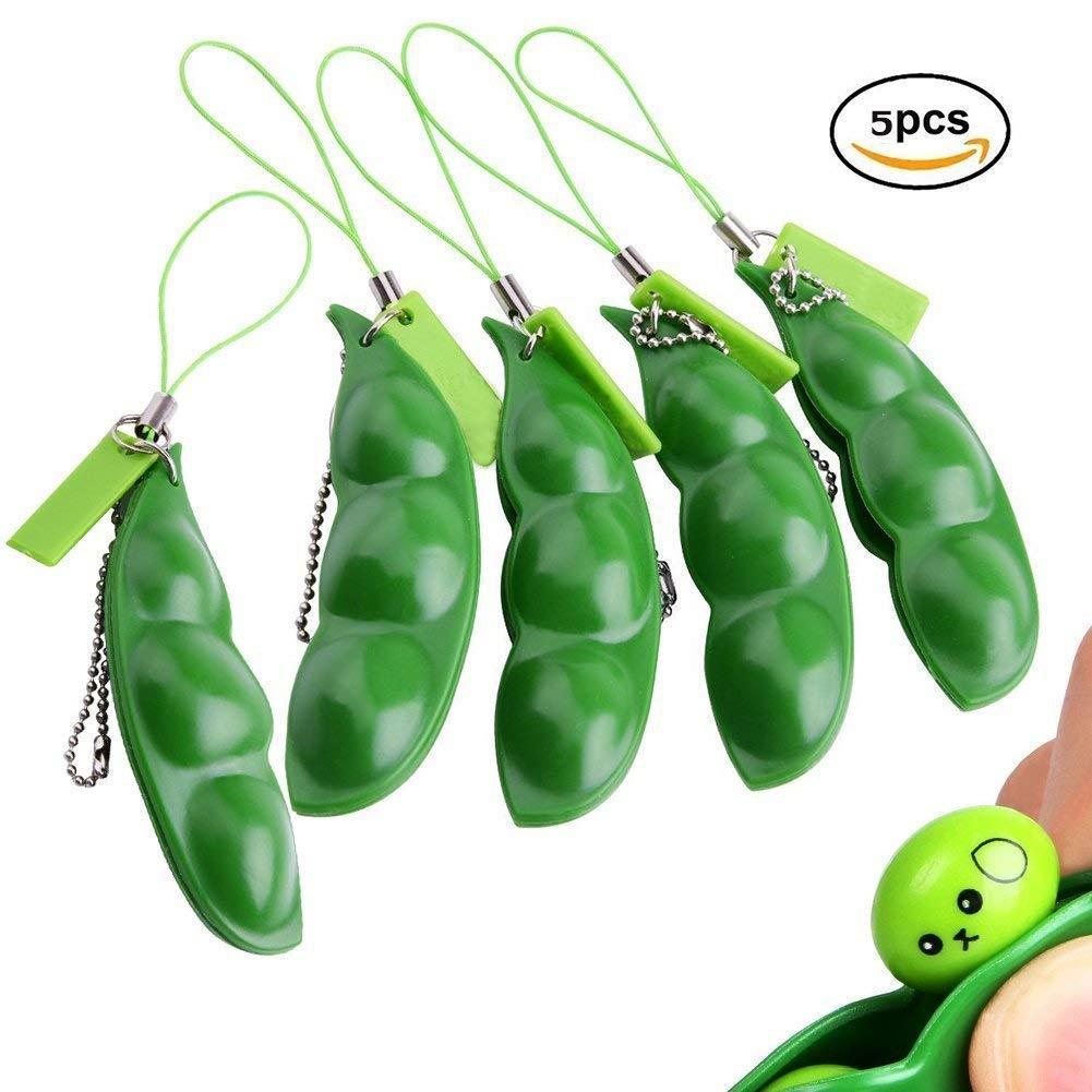 Anpole Fidget Bean Toy,5 Pack Squeeze-a-Bean Puchi Puti Mugen Edamame Keychain Keyring Extrusion Bean Pea Soybean Stress Relieving Chain Toys (5 pcs)