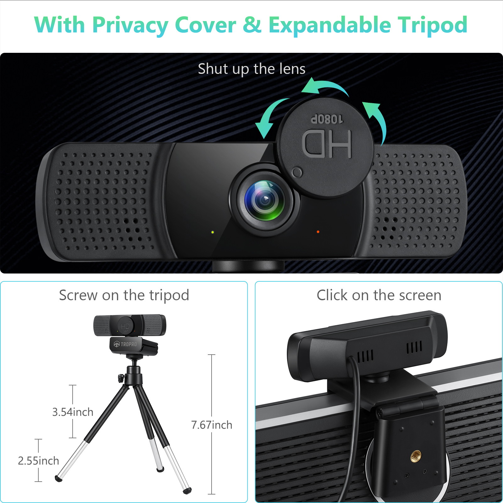 TROPRO Tw8 Webcam with Microphone, 1080P Full HD Computer Camera for PC with Cover, Expandable Tripod, USB Web Camera with Cover for Video Calls, Streaming, Skype, Zoom, Teleconference