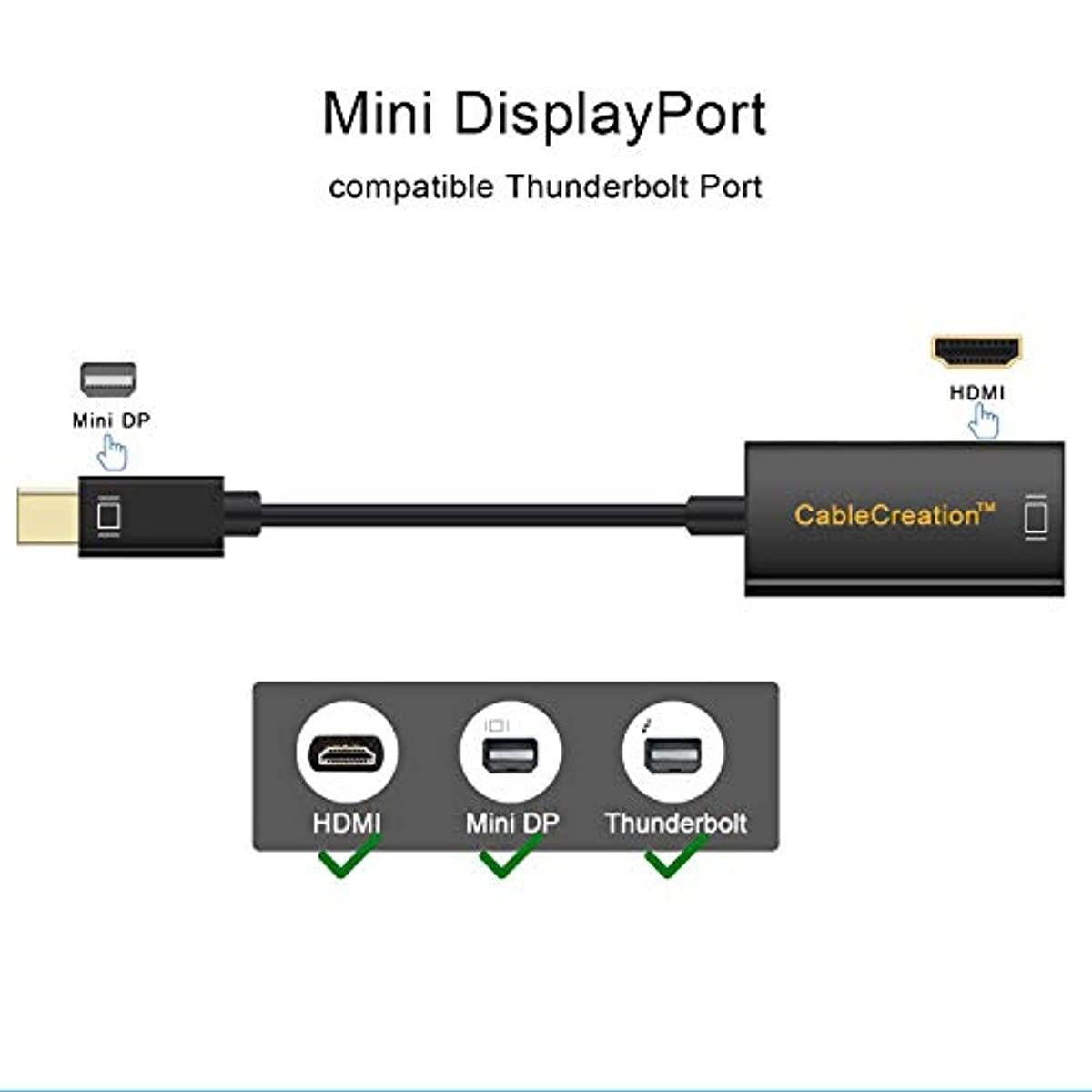 4K Mini DisplayPort to HDMI Adapter CableCreation Mini DP(Thunderbolt Port Compatible) to HDMI AV HDTV Male to Female Adaptor for Mac Book iMac, Black Color