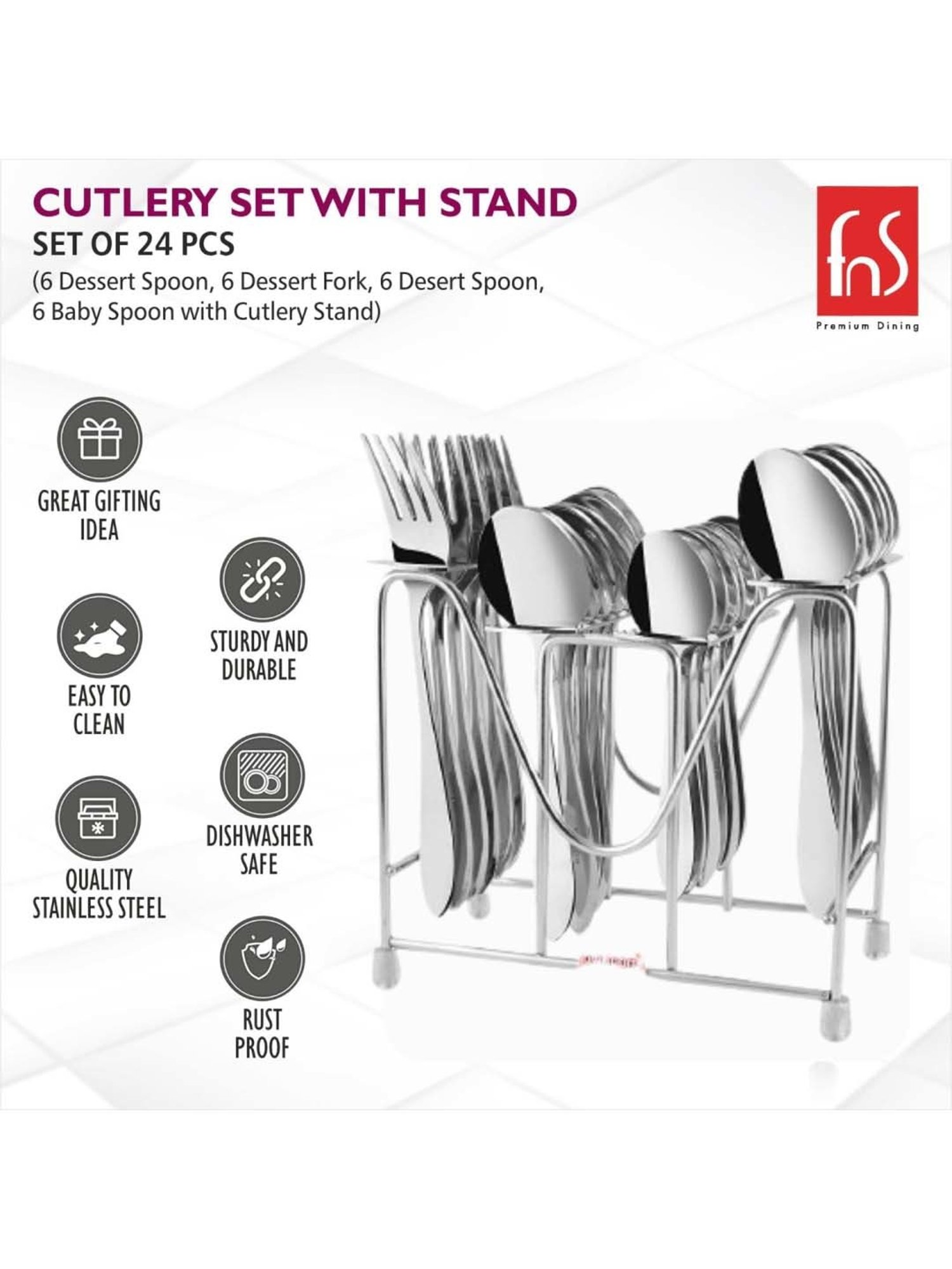 FnS Orchid Silver Stainless Steel Cutlery - Set of 24