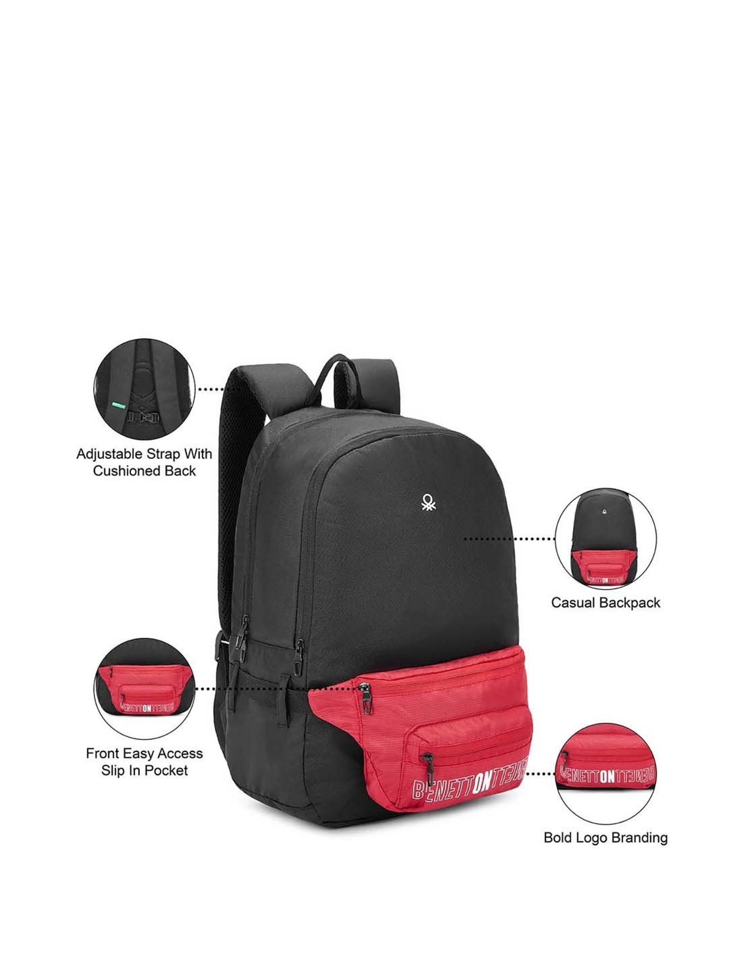 United Colors of Benetton Olivine 9 Ltrs Black & Red Small Laptop Backpack